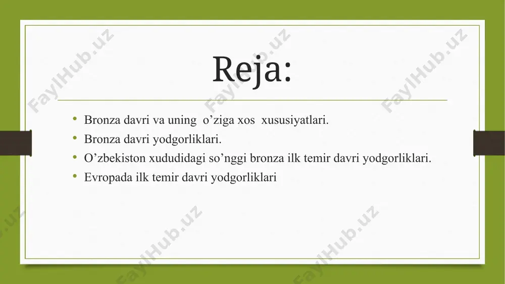 ti keng ravnaq topgan edi. dastlabki shahar-davlat mil.avv. 4 ming va 2 ming yilliklar atrofida shakllangan. dunyoda shakllangan ilk shahar bu uruk hisoblanadi. o’zbekiston hududida esa bu davr miloddan avvalgi ii ming yillikning i choragida boshlanib, miloddan avvalgi viii asrlargacha davom etadi. o’rta osiyoning janubiy hududlarida dehqonchilik madaniyati ravnaq topib, ilk shahar madaniyati tarkib topdi. o’zbekistonning janubiy—sharqiy va markaziy hududlarida, ya’ni samarqand, farg’ona, qarshi vohasi hududlarida ilk shahar madaniyati izlari so’nggi bronza davriga kelganda vujudga keldi. o’zbekistonning shimoliy hududlarida cho’l va dasht chorvachilik xo’jaligi yetakchi o’rinni egallagan. hоzirgi kundа jаnubiy o’zbеkistоn tеrritоriyasidа 20 dаn оrtiq brоnzа dаvri yodgоrliklаri tоpilgаn. bulаr jаrqo’tоn, bo’stоn, kultеpа, mаydаtеpа, mo’lаli vа bоshqаlаr bo’lib, ulаr аsоsаn, surхаndаryo оblаstining shеrоbоd, jаrqo’rg’оn vа sho’rchi hududlаridа jоylаshgаn. bu yodgоrliklаrni o’rgаnish nаtijаsidа sоpоllitеpа mаdаniyati qаdimgi shаrq civilizаciyasining аjrаlmаs bir qismi ekаnligini ko’rsаtdi. sopolli madaniyati bosqichlari 1.sopolli bosqichi—miloddan avvalgi 2150—1900 yillar; 2.jarqo’ton bosqichi —miloddan avvalgi 1900—1600 yillar; 3.ko’zali bosqichi —miloddan avvalgi …