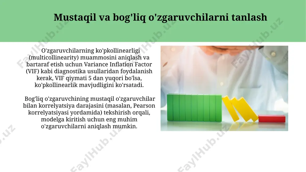 multikollinearity muammosini keltirib chiqarishi mumkin, bu esa modelning ishonchliligiga ta'sir qiladi. modelni validatsiya qilish va generalizatsiya qilish generalizatsiya qobiliyatini baholash uchun r-squared (r²) koeffitsiyentini, adjusted r² va rmse (root mean squared error) kabi metriklardan foydalanish mumkin, bunda yuqori r² va past rmse yaxshi generalizatsiyani ko'rsatadi. o'quv va test to'plamlarini 70/30 nisbatda ajratish orqali modelning generalizatsiya qobiliyatini baholash mumkin, bunda 70% ma'lumotlar modelni o'rgatishda, 30% esa uning performansini mustaqil baholashda ishlatiladi. modelning mosligini baholash odatda, f-testi yordamida umumiy modelning ahamiyatini tekshiramiz; p-qiymati 0.05 dan kam bo'lsa, model statistik jihatdan ahamiyatli deb hisoblanadi, ya'ni mustaqil o'zgaruvchilar bog'liq o'zgaruvchini tushuntirishda ahamiyatga ega. modelning mosligini baholashda r-kvadrat (r²) koeffitsiyenti 0 dan 1 gacha o'zgarib, modelning tushuntirish qobiliyatini ko'rsatadi; yuqori r² qiymati yaxshi moslashuvni bildiradi, lekin haddan tashqari yuqori qiymatlar haddan tashqari moslashuvga ishora qilishi mumkin. e'tiboringiz uchun rahmat @taqdimot_robot image1.jpg image2.jpg image3.jpg image4.jpg image5.jpg image6.jpg image7.jpg image8.jpg image9.jpg image10.jpg image11.jpg