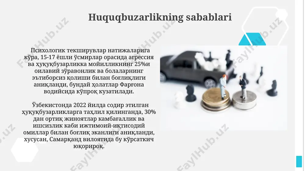 soʻrov natijalariga koʻra, jamoatchilik nazorati huquqbuzarliklar sonini 15% ga kamaytirgan. huquqbuzarlikning ijtimoiy oqibatlari toshkent shahrida sodir etilgan 1500 ta huquqbuzarlik holatlarini tahlil qilish natijasida, qashshoqlik va ishsizlik kabi omillar, jinoyatchilikning 65% ga yaqinini tashkil etayotgani aniqlandi, bu esa davlat byudjetiga katta miqdordagi zarar yetkazdi. huquqbuzarlikning ijtimoiy oqibatlari samarqand viloyatida 2022-yilda o'tkazilgan tadqiqotlarga ko'ra, yoshlar orasida jinoyatchilikning 30% ga oshishiga olib keldi, bu esa o'quv muassasalarida o'qish darajasi pasayishiga va ijtimoiy tarmoqlarda agressiv xatti-harakatlarning ko'payishiga sabab bo'ldi. voyaga yetganlar huquqbuzarliklari toshkent shahrida 2022-yilda voyaga yetganlar tomonidan sodir etilgan jinoyatlar soni o'tgan yilga nisbatan 12% ga kamaygan, ammo giyohvand moddalar savdosi bilan bog'liq jinoyatlar 5% ga oshgan. 2019-yilda o'zbekistonning samarqand viloyatida voyaga yetganlar orasida qayd etilgan huquqbuzarliklarning 35%i o'g'irlik va talonchilik holatlarini o'z ichiga olgan. reabilitatsiya va reintegtratsiya ўзбекистондаги 5-сонли колонияда 2022 йилда 150 дан ортиқ маҳкум реабилитация дастурларини муваффақиятли якунлаб, жамиятга қайтарилди, бунинг натижасида қайта жиноят содир этиш коэффициенти 10% га …