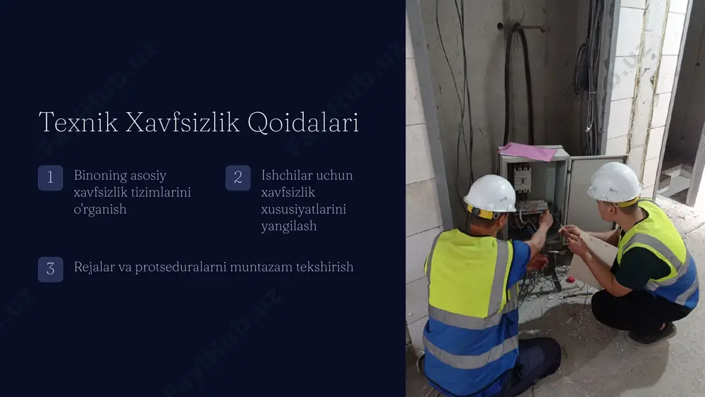 yalash tizimlarining bino ichidagi joylashishi. 4 umumiy loyiha barcha komponentlarning o'zaro bog'liq holda taqdim etilishi. 7 loyiha resurslari 15 mutaxassislar soni $2.5m bütçe 12 yetkazib beruvchilar soni 6 amalga oshirilgan loyihalar soni 8 loyihani amalga oshirish 1 dizayn ishlari loyiha dizaynini ishlab chiqish va takomillashtirish. 2 qurilish jarayoni barcha qurilish ishlarini puxta rejalashtirish va amalga oshirish. 3 nazorat va tekshiruvlar sifatni ta'minlash uchun muntazam nazorat va tekshiruvlar olib borish. 4 topshirish loyihani muvaffaqiyatli yakunlash va mijozga topshirish. 9 loyihani yakunlash natijalarni baholash loyiha maqsadlariga erishish darajasini chuqur tahlil qilish. xulosalar va takliflar loyihani yaxshilash uchun xulosalar chiqarish va takliflar berish. mijoz bilan muloqot loyiha natijalarini mijozga taqdim etish va ularning fikr-mulohazalarini olish. 10 image1.png image2.png image3.png image4.png image5.png image6.png image7.png image8.png image9.png image10.png image11.png image12.png image13.png image14.png image15.png