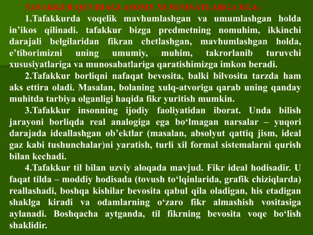iq javobingni ayt: sevasanmi, sevmaysanmi? agar nozidlik qonuni qarama-qarshi (kontrar) hukmlarga nisbatan amal qilsa, uchinchisini istisno qonuni esa zid (kontradiktor) hukmlarga nisbatan amal qiladi. shuningdek, nozidlik qonuni haqiqatni aniqlashning ikki qarama-qarshi yo‘lini tan olib, ulardan biri chin, ikkinchisi yolg‘on ekanligini ta’kidlaydi. uchinchisini istisno qonuni fikrga jiddiy aniqlik kiritib, uchinchi, oraliq, o‘rtancha yo‘lning bo‘lishi mumkin emasligini qayd qiladi. mantiqning bu qonuni ham to‘g‘ri, izchil, xatosiz tafakkur qilish uchun katta ahamiyatga egadir. formulasi: a yo v, yo v emas. yetarli asos qonuniga binoan, har qanday chin, haqqoniy fikr, hukm, bilim asoslangan, isbotlangan, dalillangan bo‘lishi, buning uchun esa ular yetarli, to‘liq asoslar, dalillar, fikrlar, argumentlarga ega bo‘lishi lozim. demak, mulohazalar haqqoniyligini asoslash, isbotlashning yagona vositasi dalillar, asoslar, faktlar va argumentlardir. asoslanganlik esa to‘g‘ri tafakkurning muhim talabidir. asoslanmagan, isbotlanmagan fikr yolg‘on, noilmiy fikr, xurofot, bid’at, bo‘htondir. yetarli asos uchun olingan dalillar, faktlar miqdori o‘rganilayotgan ob’ektning tabiati va xarakteriga bog‘liqdir. ular haddan tashqari ko‘p ham …