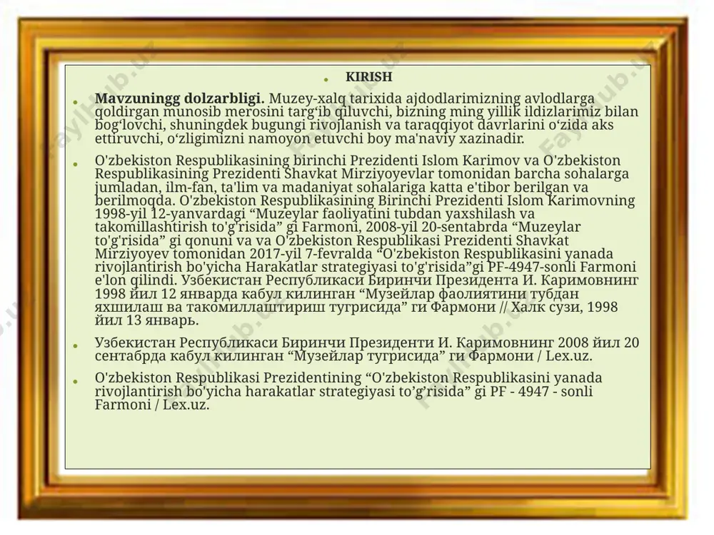 nganini anglatadi. узбекистон республикаси биринчи президенти и. каримовнинг 1998 йил 12 январда кабул килинган “музейлар фаолиятини тубдан яхшилаш ва такомиллаштириш тугрисида”ги фармони / халк сузи, 1998 йил 13 январь. bi ning asosiy maqsadi jizzax viloyatidagi muzeylar tаrixi va faoliyatini o'rganishdir. mazkur bi da quyidagi vazifalarni yechish ko'zda tutilgan: jizzax viloyatida muzeylarning tashkil topish tarixi, ularni tashkil etishda mahalliy to‘plovchi-yig‘uvchilarning o‘rni masalasini ko‘rib chiqish; muzeylarning vazifalarini ko'rsatib berish; muzeylarning bugungi kunda o'zbekiston tarixi va madaniyatining kam o'rganilgan hamda dolzarb muammolarini hal etishda qo'shayotgan hissalarini ko'rsatish; “muzeylari” ni tashkil etishyo'llari va uslublarini, hamda mazmun- mohiyatini ochib berish; muzeylarni milliy-ma'naviy qadriyatlarni targ'ib qilish vositasi sifatidagi roli va o'rnini ko'rsatib berish. bmning asosiy masalalari. sovet davrida va o'zbekiston respublikasi mustaqillikka erishgandan so'ng jizzax viloyatida muzeylarni barpo etilishi tarixi, bu davrda muzeylarni tashkil etishda ishtirok etgan shaxslar, muzey binolarining qurilishi, bo'limlarni tashkil etilishi, eksponatlarni yig'ish ishlarini olib borgan shaxslar va ilmiy xulosa qilish bmi oldiga …