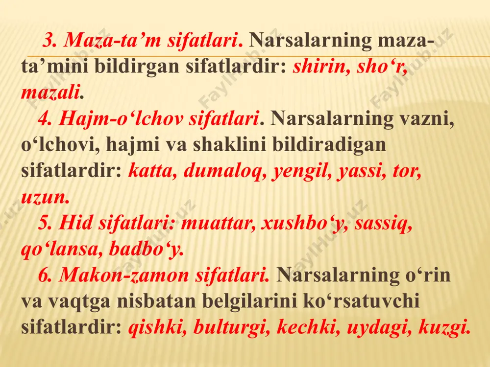 linadi: sodda tub sifatlar (go‘zal,yaxshi), sodda yasama sifatlar (aqlli, serhosil); 2. qo‘shma sifatlar ikki va undan ortiq asosdan tarkib topgan sifatlardir. qo‘shma sifatlar: a) ikki tub so‘zdan tashkil topib, ot+ot, ot+sifat, sifat+ot, ot+fe’l, ravish+ot ko‘rinishlarida bo‘ladi: sovuqqon, toshyurak, mehnatsevar; b) biri tub, ikkinchisi yasama so‘zdan iborat bo‘ladi: erksevar, tilbilmas. 3. birikmali sifatlar: uzun tolali (paxta), yoshi ulug‘ (inson), gapga usta (odam). 4.juft sifatlar o‘zaro yaqin ma’noli yoki zid ma’noli qismlardan tuziladi: katta-kichik, yakka-yu yagona. 5. takroriy sifatlar bir asosning takrorlanishida hosil bo‘ladi va ular belgini ta’kidlab, kuchaytirib ifodalashga xizmat qiladi: yangi-yangi, barra-barra. juft va takroriy sifatlar chiziqcha bilan yoziladi. sifat tahlili namunasi 1. so‘rog‘i. 2.darajasi. 3. otlashgan yoki otlashmaganligi. 4. asliy yoki nisbiy sifatligi. 5. tuzilish jihatdan turi. 6. tub yoki yasamaligi. 7.gapdagi sintaktik vazifasi. quyidagi gaplardagi sifatlarni morfologik tahlil qiling. ilmli ming yashar, ilmsiz bir yashar. odobli bola – elga manzur. har narsadan or-nomus baland. juda katta orzularim bor. …