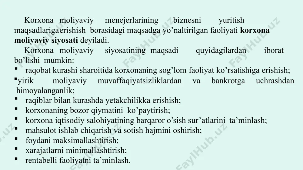 ho siyosati moliyaviy siyosatning tarkibiy yo’nalishi; monopol tovar va xizmatlar bahosi hamda ta’rifining tartibga solinishi orqali ifodalanadi; yer osti boyliklari, suv havzalari, temir yo’llar, elektr uzatish tarmoqlari, neft va gaz quvurlari davlatning monopol egaligidadir. bu tarmoqlar tovarlari va xizmatlari bahosining o’sishi milliy xo’jalik barcha boshqa sektorlarida baholarning o’sishiga olib keladi; iqtisodiyotni tartibga solishning muhim omili bo’lib hisoblanadi investitsiya siyosati mamlakat iqtisodiyotining real sektoriga o’z va xorijiy investitsiyalarni jalb qilish uchun sharoitlarni yaratish bo’yicha ishlab chiqilgan va iqtisodiyotga joriy qilinadigan tadbirlar kompleksidan iborat; davlat boshqaruvi va xo’jalik yurituvchi subyektlar moliyasini boshqarishning turli darajalarida amalga oshiriladi; ………. ning asosiy vazifasi mamlakat iqtisodiyotiga investorlar tomonidan moliyaviy resurslarni kiritish, mamlakatdan kapitalning xorijga chiqib ketmasligi va, aksincha, mamlakatga xorijiy kapitallar oqimining kirib kelishi uchun sharoitlarni yaratish orqali ifodalanadi ijtimoiy moliyaviy siyosat konstitutsiyaga muvofiq mamlakat aholisining huquqlarini moliyaviy jihatdan ta’minlash bilan bog’liq hozirgi paytda bu siyosat quyidagilarni o’z ichiga oladi: pensiya siyosati immigratsion siyosat boshqa siyosat …