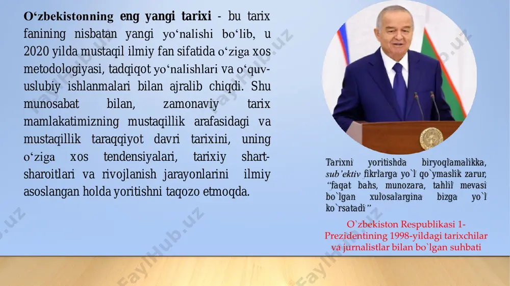 itilishi • o'zbek modeli • o'tish davri • o'zbekistonda davlat hokimiyatining shakllantirilishi • 1991-2016 yillardagi umumiy tarixiy vaziyat 2016 yil va yangi o'zbekiston jamiyatini qurish yo'lidagi islohotlar2017-2021 yillarda o'zbekiston respublikasini rivojlantirishning beshta ustuvor yo'nalishlari bo'yicha harakatlar strategiyasi • o’zbekiston respublikasi konstitutsiyasi • qonunlar, qarorlar, farmon va farmoyishlar • prezident sh. mirziyoev nuqtn va ma’ruzalari fanni o’rganishning metodogik manbalari. • birinch prezident i.karimov asarlari • darslikalar, mutahasislar asarlari, ilmiy to’plamlar • tarixiylik • ilmiylik • xolislik fanni o’rganishning nazariy-uslubiy asoslari. • dialektik • qiyoslash, analiz,sintez va boshqalar “o’zbekistonning eng yangi tarixi” o’quv faninig predmeti o'zbekistonning eng yangi tarixi to’g’risidagi bilimlar talabalarda mamlakatimizni mustaqillik davrida amalga oshirilgan keng ko’lamli islohotlar mohiyatini chuqur singdirish, mazkur jarayonlarning rivojlanish qonuniyatlari, sabab va oqibatlarini tahlil qilish hamda ularni ilmiy dunyoqarashini shakllantirish, ma'naviy-ma'rifiy tafakkurini yuksaltirish, ajdodlar an'analariga sadoqat, milliy o'zlikni anglash asosiy maqsad qilib belgilanadi. fanning predmetini – o’zbekistonda mustaqillikdan keyingi davrdagi ijtimoiy, iqtisodiy, ma’naviy-ma’rifiy hamda siyosiy …