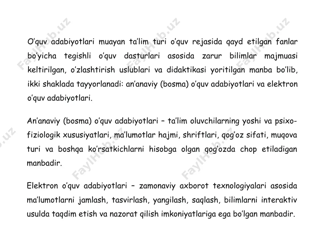 ologiyalari asosida va yuqori ilmiy va metodologik darajada yaratilgan davlat ta’lim standarti mutaxassisliklari va yo’nalishlarining mayyan o’quv fani (yoki bir necha fan)ga to’la mos kelgan asosiy o’quv elektron maxsuloti hisoblanadi. hozirgi zamon tilshunosligida matn komponentlari tasnifi masalasi ham ancha murakkabdir, chunki mustaqil so‘zdan boshlab, gap, murakkab sintaktik qurilmalar, abzats, bob kabilarning barchasi matn komponentlari jumlasiga kiradi va ular matn tarkibida pog‘onali (ierarxik) munosabatga kirishadi. quyida ana shulardan ba’zilariga to‘xtab o‘tamiz. manbalar va adabiyotlar bir so‘z bilan yoki so‘z birikmasi bilan ifodalanganda uning komponenti vazifasida mustaqil so‘z keladi. masalan, “yulduzli tunlar”, “chayon yili”, “hijron kunlarida”, “yillar armoni”, “yoshlik devoni”, “istambul fojiasi”, “mungli ko‘zlar”, “jannati odamlar”, “ufq bo‘sag‘asida”, “kelinlar qo‘zg‘oloni”, “avlodlar dovoni”, “chotqol yo‘lbarsi” singari so‘z birikmasi orqali ifodalangan matnlarni ikki komponentli deb ataymiz matn komponenti so‘z birikmasi tarzida kelishi ham mumkin. lekin so‘z birikmasini biror jiddiy zarurat tug‘ilgandagina matn komponenti tarzida o‘rganiladi. odatda katta matnlar bir nechta gapdan tashkil topgan bo‘ladi. …