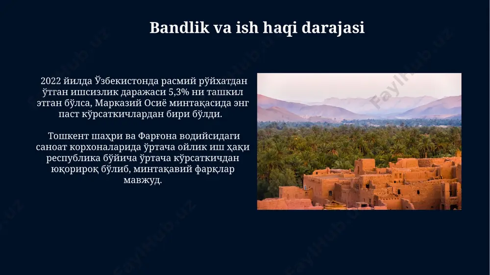 boʻlsa-da, oʻzbekistonning qishloq joylarida tibbiy xizmat koʻrsatishning sifati va mavjudligi ancha past boʻlib, bu hududiy tengsizlikni aks ettiradi. oʻzbekistonda shifokorlar soni har 10 000 kishiga 30 ga yaqin, marokashda esa bu koʻrsatkich biroz yuqoriroq boʻlib, shifokorlar taqchilligi oʻzbekistonning sogʻliqni saqlash tizimi oldida turgan muhim muammolaridan biri hisoblanadi. e'tiboringiz uchun rahmat @taqdimot_robot image5.jpg image6.jpg image7.jpg image8.jpg image9.jpg image10.jpg image11.jpg image12.jpg image13.jpg image1.jpg