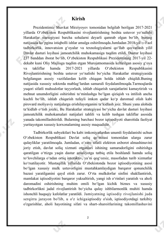 ektron axborot almashinuvini joriy etish, davlat soliq xizmati organlari ishining samaradorligini oshirishga qaratilgan o‘ttizga yaqin dastur amaliyotga tatbiq etila boshlandi hamda soliq to‘lovchilarga o‘ndan ortiq interaktiv, ya’ni qog‘ozsiz, masofadan turib xizmatlar ko‘rsatilayotir. mustaqillik yillarida o‘zbekistonda bozor iqtisodiyotining asosi bo‘lgan xususiy mulk ustuvorligini mustahkamlaydigan barqaror qonunchilik bazasi yaratilganini qayd etish zarur. o‘rta mulkdorlar sinfini shakllantirish, mamlakat iqtisodiyotini barqaror yuksaltirish, yangi ish o‘rinlari yaratish va aholi daromadini oshirishning muhim omili bo‘lgan kichik biznes va xususiy tadbirkorlikni jadal rivojlantirish bo‘yicha qulay ishbilarmonlik muhiti hamda ishonchli huquqiy kafolatlar yaratildi. jamiyatning iqtisodiy rivojlanishi juda serqirra jarayon bo'lib, u o'z ichigaiqtisodiy o'sish, iqtisodiyotdagi tarkibiy o'zgarishlar, aholi hayotining sifati va shart-sharoitlarining takomillashuvini oladi. u hech qachon bir tekis, yuqorilab boruvchichiziq bo'yicha ro'y bermaydi. iqtisodiy rivojlanish o'z ichiga yuksalish va inqirozdavrlarini, iqtisodiyotdagi miqdor va sifat o'zgarishlarni, ijobiy va salbiy tomonlarniolib notekis boradi.milliy iqtisodiyotda iqtisodiy rivojlanish qiyin aniqlanadiganjarayon bo'lganligi sababli, uning mezonlaridan biri bo'lgan iqtisodiy o'sish ko'proqtahlil qilinadi. iqtisodiy …