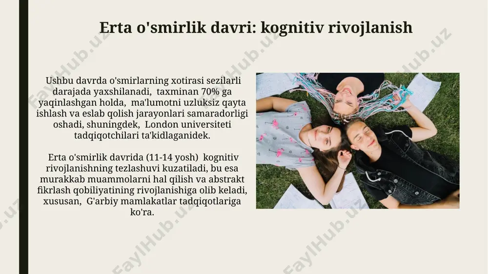 o'zgarishi kabi o'zgarishlar kuzatiladi, bu jarayonlar dunyoning turli burchaklarida, masalan, yaponiyada ham shunga o'xshash tarzda kechadi. taxminan 10-16 yosh oralig'ida, o'smirlarning tanasining proporsional o'zgarishi kuzatiladi, qo'l va oyoqlarning tez o'sishi, bo'yning cho'zilishi natijasida, ko'pchilik o'zlarini noqulay his qiladi, bu esa o'zbekiston va dunyoning boshqa hududlarida ham keng tarqalgan hodisadir. e'tiboringiz uchun rahmat @taqdimot_robot image1.jpg image2.jpg image3.jpg image4.jpg image5.jpg image6.jpg image7.jpg image8.jpg