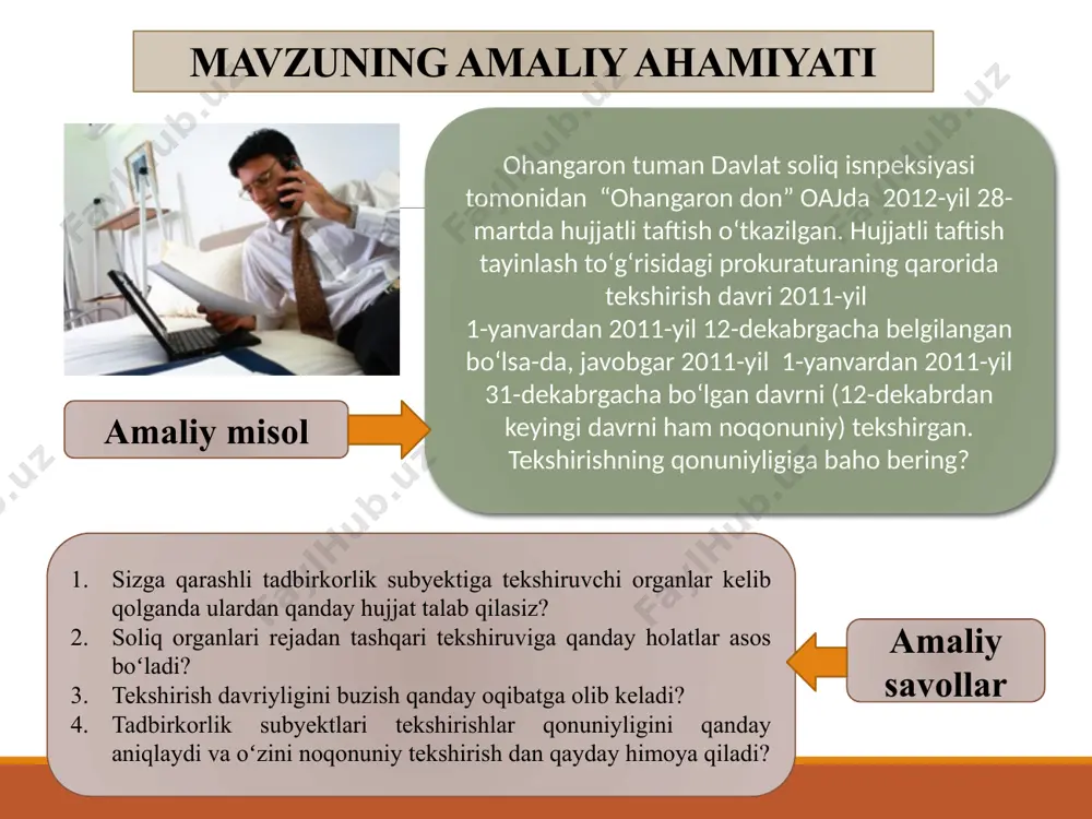 anadi. nazorat qiluvchi organlar quyidagi asoslardan biri mavjud bo‘lganda vakolatli organga tekshiruv o‘tkazishni tashabbus qilishga haqli: jismoniy va yuridik shaxslarning qonunchilik buzilishi yuzasidan murojaatlari, anonim murojaatlar bundan mustasno; “xavfni tahlil etish” tizimining natijalari; boshqa davlat organlari tomonidan qonunchilik buzilishi to‘g‘risida taqdim etilgan ma’lumotlar; ommaviy axborot vositalari va boshqa axborot manbalaridan, shu jumladan, internet jahon axborot tarmog‘idan qonunchilik buzilishi to‘g‘risida olingan ma’lumotlar. ushbu asoslar bo‘yicha tadbirkorlik faoliyatida tekshiruv o‘tkazishni tashabbus qilishda, dastlab nazorat qiluvchi organ tomonidan tekshiruv o‘tkazilishi rejalashtirilayotgan tadbirkorlik subyektining amalda faoliyat ko‘rsatayotganligi o‘rganib chiqilishi lozim. prokuratura, ichki ishlar va milliy xavfsizlik xizmati organlari tomonidan xoʻjalik yurituvchi subyektlar faoliyatini tekshirish uchun qoʻzgʻatilgan jinoiy ish mavjudligi asos boʻladi. bunda tekshiruvga xoʻjalik yurituvchi subyektning faqat qoʻzgʻatilgan jinoyat ish bilan bogʻliq faoliyati qamrab olinishi, mumkin boʻlib bu haqda tekshiruvni tayinlash toʻgʻrisidagi qarorda koʻrsatilgan boʻlishi lozim. xoʻjalik yurituvchi subyektlarning moliya-xoʻjalik faoliyatini tekshirishlar belgilangan tartibda faqat davlat soliq xizmati organlari tomonidan, mazkur organlar tekshirishlar davomida …