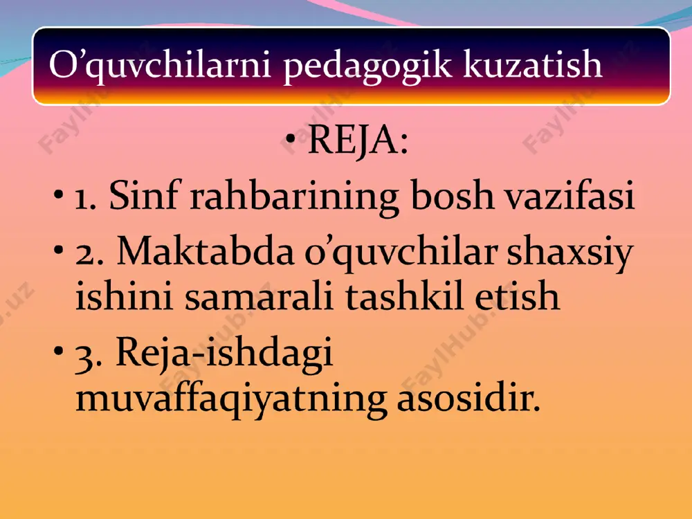 zatishdan to’plangan ma’lumotlar umumiylik va nisbiylik kasb etishini unutmaslik lozim. shuning uchun ham tasodifiy va shoshilinch xulosalar chiqarmaslik lozim. rejaning tarkibiy qismlari avlodni tarbiyalash - insoniyat xizmati. 1. turg’unboyeva k. “ijtimoiy pedagogika” ma’ruza matni. andijon ., 2008 2. r.mavlonova, b.normurodova, n,rhmonqulova “tarbiyaviy ishlar metodikasi” toshkent., 2010-yil. 3. www.google.uz 4. www.pedagogika.uz 5. www.ziyonet.uz e’tiboringiz uchun rahmat!