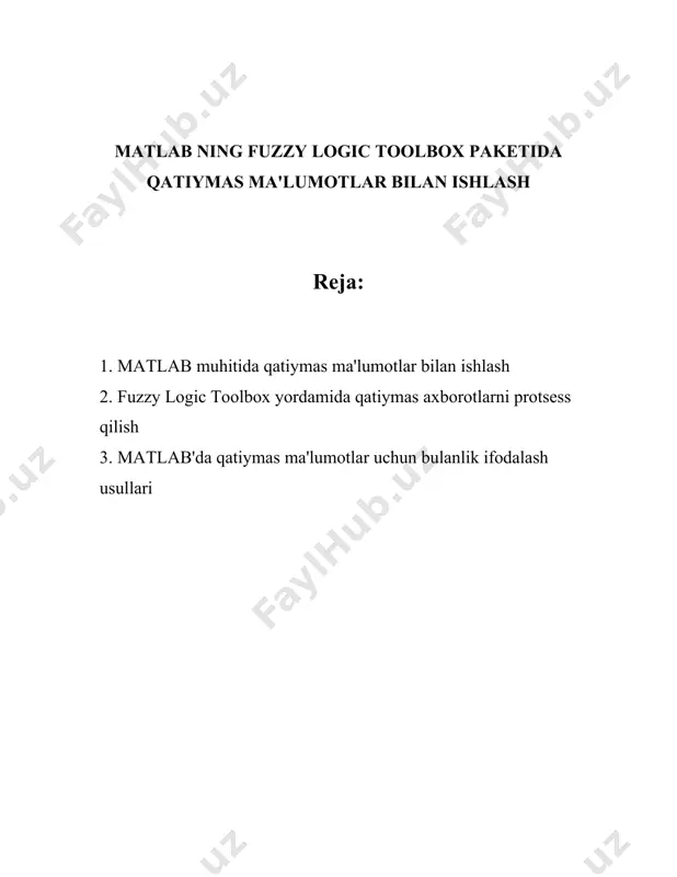 foydalanish va ularga qator elementlari sifatida ishlov berish imkonini beradi. - ko'p o'lchamli qatorlar: `b = rand(4,3,2);` bu 4x3x2 o'lchamli qator hosil qiladi. 4. **xususiy matritsalar**: - matlabda maxsus xususiyatga ega matritsalar yaratish uchun turli tayyor funksiyalar mavjud. - nol matritsa: `z = zeros(3,4);` - birlik matritsa: `e = eye(5);` ### matlabda qatiymas ma'lumotlar bilan amal bajarishtirish 1. **matritsa qo'shish va ayirish**: - matritsalarni qo'shish va ayirish uchun: `c = a + b;` yoki `d = a - b;` 2. **matritsa ko'paytirish**: - `e = a * b;` – bu matritsalarni ko'paytirish (matematik). - har bir elementni ko'paytirish: `f = a .* b;` 3. **matritsaning transpozitsiyasi**: - `a'` – bu a matritsani transpozitsiyasi. 4. **determinant va inversni hisoblash**: - determinant: `deta = det(a);` - invers: `inva = inv(a);` 5. **matritsalar orasida linalg algoritimlarni bajarish**: - matlabda turli xil algebraik funksiyalar mavjud, masalan, o'z qiymatlarni hisoblash: `[v, d] = eig(a);` ### …