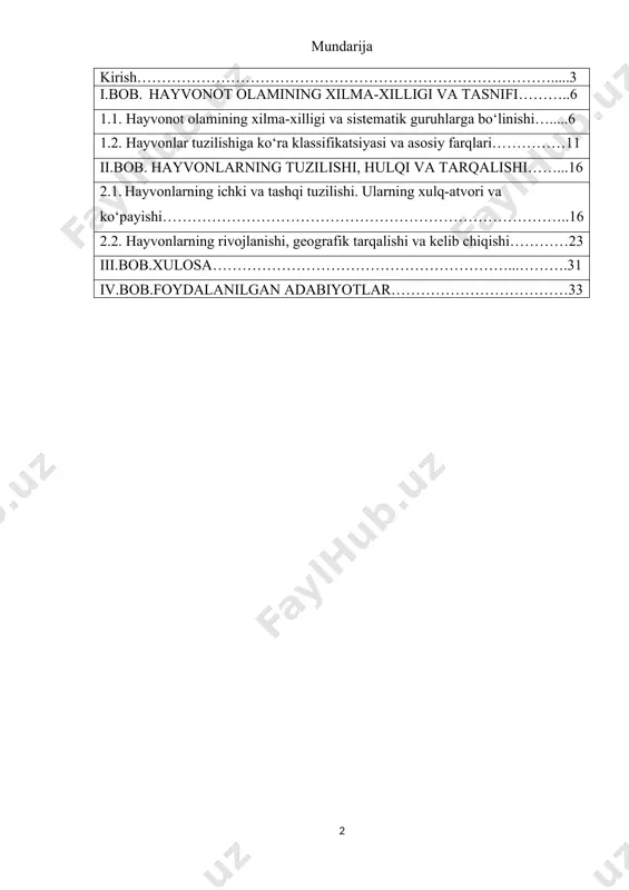 ayotiy xususiyatlarini o‘rganish — zamonaviy biologiya va ekologiya uchun dolzarb ilmiy-amaliy masaladir. kurs ishining maqsadi: ushbu kurs ishining asosiy maqsadi — hayvonot olamining xilma-xilligini, ularning morfologik, fiziologik va ekologik xususiyatlarini chuqur o‘rganish, hayvonlarning tuzilishi, xulq-atvori, ko‘payish va rivojlanish jarayonlarini tahlil qilish hamda geografik tarqalishi va evolyutsion kelib chiqishi haqida ilmiy asoslangan tushunchalar shakllantirishdan iborat. shuningdek, kurs ishining maqsadi quyidagilarni ham o‘z ichiga oladi: – hayvonlar dunyosining turli guruhlariga xos biologik belgi va farqlarni aniqlash; – hayvonlarning yashash muhitiga moslashuv mexanizmlarini tahlil qilish; – hayvonlarning ijtimoiy xulq-atvori va biologik sikllarini o‘rganish orqali ularning hayot tarzini chuqur anglash; – hayvonot olamining ekologik tizimdagi o‘rnini baholash va biologik xilma-xillikni asrashga doir ilmiy asoslangan tavsiyalar ishlab chiqish; – talabalarda zoologiya va ekologiya fanlariga qiziqish uyg‘otish, amaliy kuzatish va ilmiy izlanish olib borish ko‘nikmalarini shakllantirish. kurs ishi davomida nazariy bilimlar bilan bir qatorda, hayvonlar hayotiga oid real ma’lumotlar asosida tahlillar o‘tkaziladi, bu esa talabani kurs …