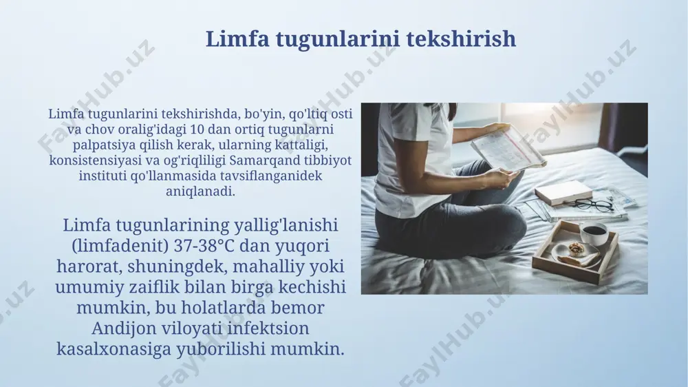 ovchi bemorlar uchun. ertalabki klinik tekshiruvning asosiy tamoyillari тошкент шаҳридаги 3-сонли шифохонада беморларнинг эрталабки текширувининг асосий 2 та босқичи: умумий кўрик ва анамнез йиғишдан иборат бўлиб, бу жараён ўртача 15-20 дақиқа давом этади. фарғона водийсидаги клиникаларда ўтказилган тадқиқот натижаларига кўра, эрталабки текширувда 7 дан ортиқ касаллик аломатлари аниқланган беморларнинг 30%ига кўшимча текширувлар тайинланган. diagnostika va davolash rejasi андижон вилоятидаги 15 ёшли беморда аниқланган ўткир аппендицит, жарроҳлик аралашувини талаб қилди ва операциядан кейинги даволаш 5 кун давом этди. тошкент шаҳридаги 3-сонли шифохонада ўтказилган текширувлар натижасида беморда 2-даражали гипертония аниқланиб, унинг даволаш режасига бета-блокаторлар ва ace ингибиторлари киритилди. nerv tizimini tekshirish bemorning sezgilarini tekshirishda, teri va shilliq pardalarni igna bilan tekshirish, harorat va teginish sezgisini baholash kerak. 10 ga yaqin nuqta tekshiriladi. samarqanddagi shifoxonada bu tekshiruvlar muntazam ravishda amalga oshiriladi. nerv sistemasini tekshirishda kranial asablarning funktsiyalarini, jumladan, ko'rish, eshitish va yuz mushaklarining harakatini tekshirish juda muhim. masalan, 12 juft kranial asabning holatini …