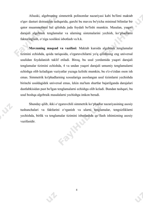 sul tizimlarni yechishda birinchi usuldagidek universal emas, lekin ma'lum shartlar bajarilganda darajalari dastlabkisidan past bo'lgan tenglamalarni echishga olib keladi. bundan tashqari, bu usul boshqa algebraik masalalarni yechishga imkon beradi. shunday qilib, ikki o‘zgaruvchili simmetrik ko‘phadlar nazariyasining asosiy tushunchalari va faktlarini o‘rganish va ularni tenglamalar, tengsizliklarni yechishda, birlik va tenglamalar tizimini isbotlashda qo‘llash ishimizning asosiy vazifasidir. i-bob. simmetrik ko’phad haqida tushuncha 1.1-§. simmetik ko’phad ba'zi yuqori tartibli algebraik tenglamalarni va algebraik tenglamalarning ba'zi tizimlarini echishda simmetrik deb ataladigan maxsus polinomlar qo'llaniladi, ularning ta'rifi ikkita o'zgaruvchidagi ko'phadlar misolida beriladi [3]. ta'rif 1. ikki o'zgaruvchidagi p(x,y) ko'phad, agar x o'rniga y , y esa x ga almashtirilganda o'zgarmasa, simmetrik deyiladi . masalan, polinom nosimmetrikdir, chunki x ni y va y ni x bilan almashtirganda biz o'ziga xoslikka ega bo'lamiz. . haqiqatdan ham, x va y dagi eng oddiy simmetrik polinomlar s 1 = x + y, s 2 = xy elementar (yoki fundamental) …