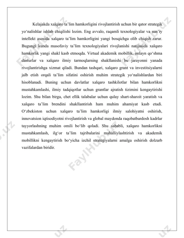 vojlantirish hamda ilmiy tadqiqotlarni qo‘llab-quvvatlash orqali ilm-fan va innovatsiyalarni rag‘batlantiradi. ushbu jarayonning nazariy asoslarini o‘rganish xalqaro ta’limning mohiyatini tushunishda muhim ahamiyat kasb etadi. xalqaro ta’lim hamkorligi turli nazariy yondashuvlar asosida izohlanadi. funktsionalistik yondashuv ta’lim tizimlarini jamiyatning ajralmas qismi sifatida ko‘rib, ularning ijtimoiy barqarorlik va rivojlanishda tutgan o‘rnini ta’kidlaydi. neo-funksionalistik nazariya esa davlatlar o‘rtasidagi ta’lim integratsiyasining iqtisodiy va siyosiy ahamiyatini urg‘ulaydi. bu yondashuvga ko‘ra, universitetlar va ilmiy markazlarning hamkorligi nafaqat bilim almashinuvi, balki global iqtisodiy va madaniy integratsiyani ham kuchaytiradi. globallashuv nazariyasi ta’lim tizimining umumjahon miqyosida uyg‘unlashuv jarayoniga asoslanadi. xalqaro ta’lim dasturlarining kengayishi, akademik mobillikning ortishi va transmilliy ta’lim shakllarining rivojlanishi bu jarayonning asosiy ko‘rinishlaridir. hozirgi kunda buyuk britaniya, aqsh, kanada, germaniya kabi davlatlar xalqaro ta’lim bozorida yetakchi o‘rinlarni egallagan bo‘lib, ularning universitetlari butun dunyo bo‘ylab talabalar va professorlarni jalb etmoqda. ushbu jarayonda yevropa ittifoqining erasmus+ dasturi, aqshning fulbright grantlari kabi xalqaro ta’lim tashabbuslari muhim o‘rin tutadi. transmilliy ta’lim konsepsiyasi xalqaro …