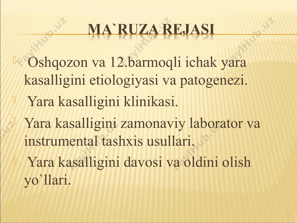 shib oladi; 2. bakterialar oshqozon kislotalik muhitini neytrolizasiya qilib mochevinani ammiakga aylanishini katolizasiya qiladi; 3. bakteriyalar ko`payadi, tarqaladi va infeksion markaz hosil qiladi; 4. bulaning natijasida shilliq qavat buziladi, yallig`lanish jarayoni va epiteliy hujayralarini nobut bo`lish natijasida yara hosil bo`ladi. * kasallikning umumiy tasnifi`: i. oshqozon yara kasalligi а) oshqozonni kardial qismini zararlanishi; б) oshqozonni kichik egriligini zararlanishi; в) oshqozonni pilorik qismini zararlanishi. ii. 12 barmoq ichak yara kasalligi а) piyozchaning yarasi; б) piyozcha osti bo`limning yarasi; в) yaraning noaniq joylashishi. * klinik shakillari: 1. o`tkir yoki birlamchi aniqlangan. 2. surunkali kechshi: 1. latent. 2. kam qaytalanuvchi (1 marotaba 4 – 5 yilda). 3. o`rta qaytalanuvchi (1 marotaba 2 – 3 yilda). 4. tez-tez qaytalanuvchi (yiliga 1 marotaba va ko`proq). yara kasalligini hurujlanish fazalari: 1. huruj. 2. qisman remissiya. 3. remissiya. yara turlari: 1.o`tkir. 2. chandiqlangan. 3. chandiqlanmaqan. 4. surunkali. oshqozon shirasi holati bo`yicha: 1. oshgan. 2. meyorda. 3. pasaygan. …