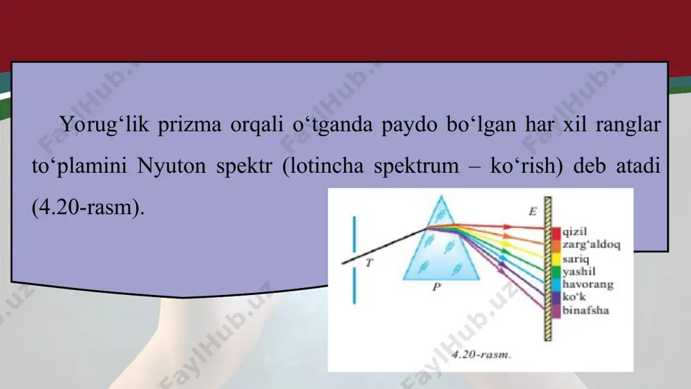 qorong‘i yo‘lkalar bilan ajralgan bo‘ladi. chiziqli spektrlar. bunday spektrda bittagina chiziq bo‘ladi. bunday spektrni bir-biri bilan bog‘lanmagan atomlar chiqaradi. bir-biridan ajralgan atomlar bitta to‘lqin uzunligiga ega bo‘lgan nurni chiqaradi. yutilish spektrlari. lampochkadan chiqayotgan yorug‘lik yo‘liga qizil shisha qo‘yilsa, undan faqat qizil yorug‘lik o‘tadi va qolgan nurlar yutilib qoladi. agar oq nurni nurlanmayotgan gaz orqali o‘tkazilsa, manbaning uzluksiz spektri fonida qora chiziqlar paydo bo‘ladi. bunga sabab, gaz ma’lum bir chastotali nurlarni yutib qolishidir. o‘rganishlar shuni ko‘rsatadiki, gaz qizigan paytida qanday chastotali nurlarni chiqarsa, shunday chastotali nurlarni yutar ekan. istalgan kimyoviy element o‘ziga xos spektrga ega bo‘ladi. har bir odamning barmoq izlari faqat o‘ziga xos bo‘lganidek, bir element spektri boshqasinikiga o‘xshamaydi. mana shu xususiyatga ko‘ra, moddaning kimyoviy tarkibini aniqlashga spektral analiz deyiladi. bu juda sezgir usul bo‘lib, tekshirish uchun zarur bo‘lgan modda massasi 10–10g dan ortmaydi. bunday analiz ko‘proq sifat xarakteriga ega bo‘ladi, ya’ni moddada qaysi element borligini aniq aytib berish mumkin. …
