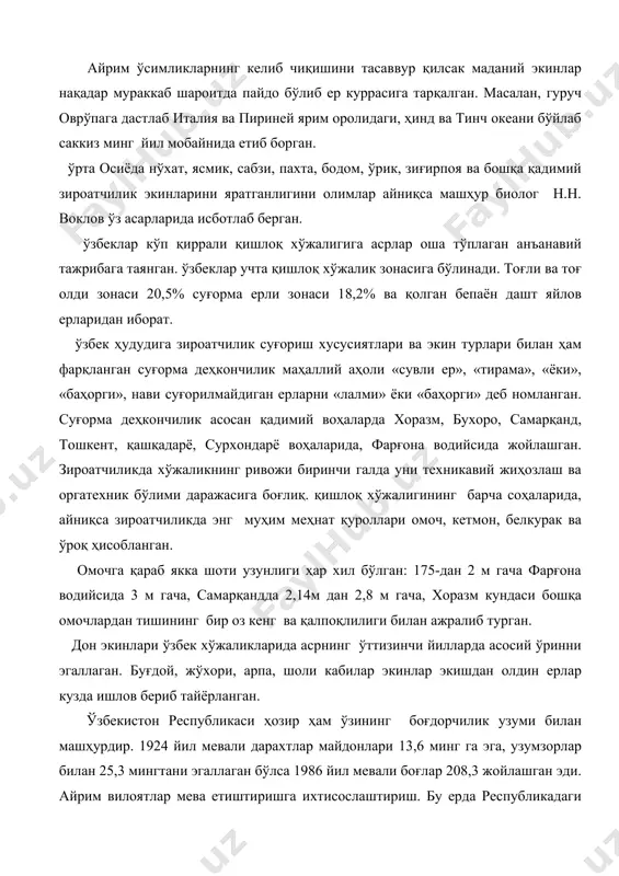 збекистон республикаси ҳозир ҳам ўзининг боғдорчилик узуми билан машҳурдир. 1924 йил мевали дарахтлар майдонлари 13,6 минг га эга, узумзорлар билан 25,3 мингтани эгаллаган бўлса 1986 йил мевали боғлар 208,3 жойлашган эди. айрим вилоятлар мева етиштиришга ихтисослаштириш. бу ерда республикадаги узумлар ярмидан кўпи етиштирилади. етиштирилган майизнинг учдан бир қисмини шу ерда тайёрланади. жанубда мева дарахтларидан анор, анжир, бодом, писта билан бирга цитурист экинлари хурмо етиштирилади. тошкент вилоятининг боғларида70% олма нок билан банд. яқин давргача хоразм, бухоро, ва сурхондарё вилоятлари ўзининг ажойиб боғлари билан машҳур эди. ўзбекистон қадимий даврдан чорвачилик билан шуғулланиб келишган. аммо ўтроқ аҳоли бўлган ярми ўтроқ аҳоли ўртасидаги турли хилдаги чорва хўжалиги мавжуд бўлган. дашту қипчоқдан келиб шош кўчманчи ўзбекларининг ярми ўрта ҳолда яшаб чорвачилик билан шуғулланганлар.айниқса қўнғирот , локай,карлук, турк каби йирик қабилаларнинг авлодлари чорвадорлар бўлиб ҳисобланганлар. ўзбек чорвачилигида айниқса қора кўлчиликка эътибор катта бўлган.қора кўлнинг думбали ҳисори насллари айниқса жанубий ўзбекистон ва тожикистонда кўпроқ бўлган. улар кўпроқ …