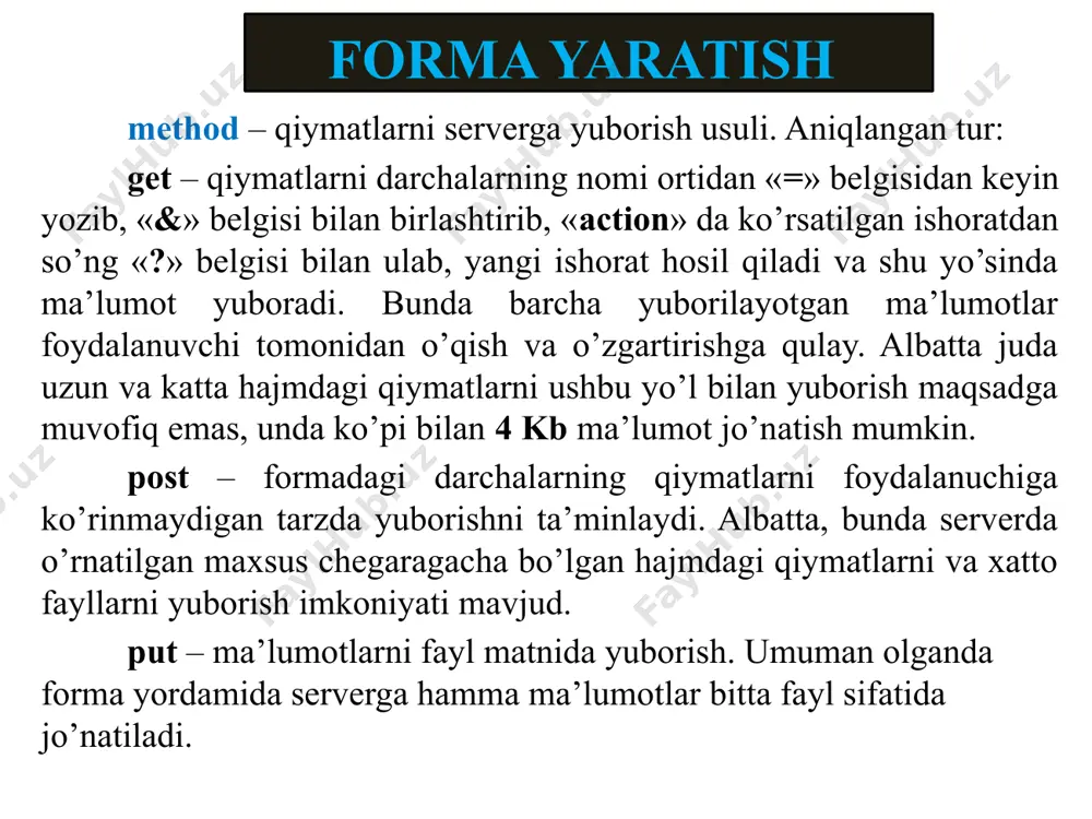turishi uchun qo’llaniladigan juda qulay vosita. input darchasi readonly – qiymatni o’zgartirish imkonidan mahrum etadi (zarurmas qiymat) required – darchaga ma’lumot kiritishni majburiy qilib qo’yadi. (zarurmas qiymat). aks holda forma serverga yuborish uchun murojaat qilmaydi. size – darchaning kengligi. qiymati: son, nechta belgi sig’ishini ko’rsatadi. src – input turi tasvir sifatida aniqlangan bo’lsa, ushbu alomatda rasmning manzili ko’rsatiladi. input darchasi step – input turi son sifatida ko’rsatilgan bo’lsa, undagi qiymatni paydo bo’ladigan qo’shimcha millarni bosish orqali oshirish yoki kamaytirish qadami. value – darcha yaratilayotganda qanday qiymat bilan akslanishini ko’rsatadi. type – darcha qanday turdaligini aniqlaydi. input darchasi turlari inputning alomatlari bilan tanishib chiqilganda ma’lum bo’ldiki, ularning ko’pchiligi faqatgina ko’rsatilgan turdagi darchalargagina aloqador. masalan, matn yoziladigan darcha uchun «step» hech qanday vazifani bajarmaydi, vaqtni aniqlaydigan darchaga «checked» qo’yish ma’nosiz. bunday ortiqcha alomatlar yozilgan holda, htmlning qoidasiga muvofiq, shunchaki e’tiborsiz qoldiriladi input darchasi turlari input ning type alomati quyidagi qiymatlarni qabul qiladi: …