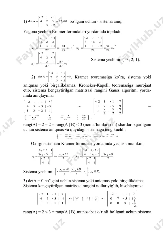 siy matritsasi a maxsusmas bo`lib, a-1 uning tes-kari matritsasi bo`lsin. a(x = b tenglama ikkala qismini chapdan tes-kari a-1 matritsaga ko`paytiramiz va a-1(a = e, e(x =x tengliklarni e`tiborga olsak, x = a-1(b (1) tenglamani olamiz. (1) tenglama tenglamalar sistemasi yechimini matritsa shaklda yozish yoki sistemani teskari matritsa usulida ye-chish formulasi deyiladi. shunday qilib, sistemani teskari matritsa usulida yechish uchun a kvadrat matritsa teskarisi a-1 quriladi va u chapdan ozod hadlar matritsasi b ga ko`paytiriladi. masala. quyida berilgan chiziqli tenglamalar sistemalarini teskari matritsa usulida yeching: 1) 2) 3) 1) sistema yechimi: ( 9; -5 ). 2) qism matritsa rangi sistema rangiga teng bo`lgani uchun sistema dastlabki ko`rinishini unga teng kuchli quyidagi shakli bilan almashtiramiz: yuqoridagi sistemani matritsalar usulini qo`llab yechish mumkin: sistema aniqmas bo`lib, umumiy yechim ko`rinishlaridan biri shaklda yozilishi mumkin. bu yerda, x2єr. 3) sistema asosiy matritsasi teskarisini jordan usulida aniqlaymiz: ( …( sistema yagona yechimini teskari matritsa usuli …
