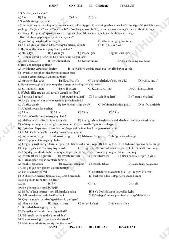 i, hol 16. sifat gapda qanday vazifada keladi? a) aniqlovchi, ega b) to`ldiruvchi, kesim c) aniqlovchi, kesim d) aniqlovchi, to`ldiruvchi 17. olmosh deb nimaga aytiladi? a) bir belgining narsa – buyumlar orasida ortiq – kamligi jihatidan farqlanishiga b)narsalarning son - sosanog`i va tartibini bildirgan so`zlarga c) narsa – buyumlarning belgisini bildirgan so`zlarga d) ot, sifat, son va boshqa so`zlar o`rnida qo`llanib, ularga ishora qiluvchi so`zlarga 18. fe`llarga qanday qo`shimchalar bo`ladi? a) kelishik, egalik b) shahs – son, egalik, bo`lishlilik c) zamon, shahs – son, bo`lishli, bo`lishsizlik d) to`g`ri javob yo`q 19. ravish gapda qanday vazifada keladi? a) ega – kesim b) aniqlovchi c) to`ldiruvchi d) hol 20. bog`lovchi deb nimaga aytiladi? a) otlarning boshqa so`zlarga tobe bog`lanishi uchun xizmat qiladigan yordamchi so`zlarga b) gaayrim pning bo`lagi yoki butun gapning mazmunidagi qo`shimcha ma`no beruvchi so`zlarga c) so`zlovchining his – hayajoni, hayvon, rang, parrandalarni biror harakatga undovchi so`zlarga d) uyushiq bo`lakli va …