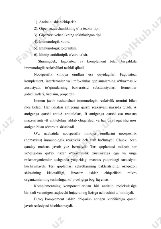 2. mirziyoyev sh.m. qonun ustuvorligi va inson manfaatlarini ta’minlash yurt taraqqiyoti va xalq farovonligining garovi.“o‘zbekiston” nmiu, 2017.– 47 b. 3. mirziyoyev sh.m. buyuk kelajagimizni mard va olijanob xalqimiz bilan birga quramiz. “o‘zbekiston” nmiu, 2017. – 485 b. 4. o‘zbekiston respublikasi prezidentining 2017 yil 7 fevraldagi “o‘zbekiston respublikasini yanada rivojlantirish bo‘yicha harakatlar strategiyasi to‘g‘risida” gi pf-4947-sonli farmoni. o‘zbekiston respublikasi qonun hujjatlari to‘plami, 2017 y., 6-son, 70-modda. 5. bazarov x.k., abdulakimova a.b. veterinariya virusologiyasidan o‘quv qo‘llanma. samarqand 2016 y. 6. самуйленко а.я., “инфекционная патология животных” том 1 москва 2009. 7. петров р.в. иммунология. учебник. москва 1983 й