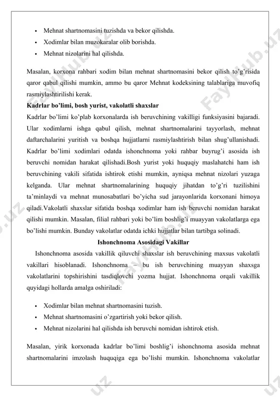 atlarini topshirishini tasdiqlovchi yozma hujjat. ishonchnoma orqali vakillik quyidagi hollarda amalga oshiriladi: · xodimlar bilan mehnat shartnomasini tuzish. · mehnat shartnomasini o’zgartirish yoki bekor qilish. · mehnat nizolarini hal qilishda ish beruvchi nomidan ishtirok etish. masalan, yirik korxonada kadrlar bo’limi boshlig’i ishonchnoma asosida mehnat shartnomalarini imzolash huquqiga ega bo’lishi mumkin. ishonchnoma vakolatlar doirasini aniq belgilashi kerak, masalan, faqat mehnat shartnomasini tuzish bilan chegaralanishi yoki boshqa huquqiy harakatlarni ham qamrab olishi mumkin. tashkilot nomidan mehnat shartnomasi tuzuvchi subyektlar tashkilot nomidan mehnat shartnomasi tuzuvchi subyektlar odatda yuridik shaxslar sifatida faoliyat yurituvchi korxonalar yoki ularning vakolatli vakillari hisoblanadi. masalan, yirik korporatsiyalarda mehnat shartnomasini tuzish vakolati markaziy ofis yoki maxsus bo’limlarga topshirilishi mumkin. bunday subyektlar ish beruvchining manfaatlarini ifoda etadi va mehnat kodeksining talablariga rioya qilgan holda harakat qiladi.ish beruvchining vakilligi instituti mehnat munosabatlarining muammosiz yuritilishi uchun muhim ahamiyatga ega. bu institut nafaqat tashkiliy jarayonlarni soddalashtiradi, balki mehnat nizolarining oldini olishga ham yordam beradi. …