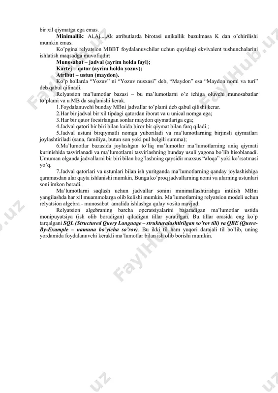 lari ma’lumotlarni to’ldirilgan blanklar orqali kiritish amalga oshirilganda yanada yakkol nomoyon bo’ladi. bu xolda tayyor blankdagi barcha narsalar (bezaklar va boqalar) grafik vositalar ko’magi bilan shaklda mutloqo aynan aks etiriladi. demak shakllar yordamida nafaqat ma’lumotlar kiritilar ekan, balki ularda mb dagi mavjud qoydalar ko’rgazmali tarzda aks etirilar xam ekan. hisobotlar – o’zlarining xossalari va tuzilishiga ko’ra ko’proq shakllarga o’xshab ketadi. hisobotlar bazadagi ma’lumotlarni qog’ozga chiqarish uchun xizmat qiladi. shu boyisdan, ular boshqa ob’ektlardan, chop etiluvchi ma’lumotlarni turkumlash imkoniyatlari borligi bilan, shuningdek, boshqa xujjatlarga xos bo’lgan yuqori va quyi kalontitullar, saxifa raqamlari, xisobot tuzilgan sana xamda vaqt kabi maxsus rasmiylashtirish elementlarini xam asosiy ma’lumotlar qatori kogozga chiqarish uchun mo’ljalangan aloxida jixatlari mavjudligi bilan ajralib turadi. saxifalar – aslida “ma’lumotlarga kirish saxifalari” deb atalivchi bu ob’ekt internetda www xizmatining juda xam tez omaviylashuvi natijasida xosil bo’lgan desak yanglishmaymiz. bu ob’ekt web – saxifada joylashadi va u bilan birga foydalanuvchiga uzatiladi. makroslar mbbt …