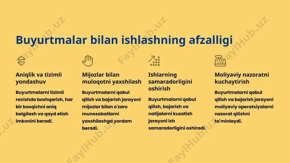 rqali buyurtma rasmiylashtiriladi. buyurtma shaklida buyurtmachi ma'lumotlari, xizmat yoki mahsulot tavsifi, miqdori, etkazib berish manzili va boshqa kerakli ma'lumotlar ko'rsatiladi. 3 ma'lumotlarni to'plash buyurtmani bajarish uchun kerakli bo'lgan qo'shimcha ma'lumotlar to'planadi. masalan, xizmat yoki mahsulot xususiyatlari, o'lchamlari, materiallari va boshqalar. xarajatlarni aniqlash va tahlil qilish 1 xom ashyo materialning turi va miqdori 2 ish haqi mehnat xarajatlari va ish vaqti 3 yordamchi xarajatlar elektr, suv, yoqilg'i kabi xarajatlar 4 transport xarajatlari tashish va etkazib berish xarajatlarni aniqlash va tahlil qilish buyurtmani bajarish uchun qancha mablag' sarflash kerakligini aniqlashga yordam beradi. buyurtma narxini hisoblashda turli xil xarajatlar hisobga olinadi. buyurtmaning narxini hisoblash 1 xom ashyo narxi xom ashyoning turi va miqdorini hisobga oling. 2 ishlab chiqarish xarajatlari mehnat, energiya va jihozlarni hisobga oling. 3 sotish xarajatlari transport, reklama va sotuvchilarning ish haqini qo'shing. 4 foyda kutilayotgan foyda miqdorini belgilang. buyurtmaning narxini hisoblashda xom ashyoning narxi, ishlab chiqarish xarajatlari va sotish xarajatlarini …