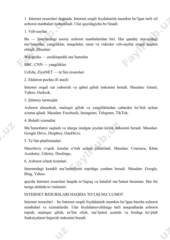 ilarga onlayn kurslar, darslar, imtihonlar, testlar orqali bilim olish imkonini beradi. mashhur taʼlim platformalari: coursera – dunyo universitetlarining kurslari khan academy – bepul interaktiv darslar udemy – pullik va bepul kurslar duolingo – til o‘rganish uchun 6. axborot izlash tizimlari (search engines) internetdagi kerakli maʼlumotlarni tez va samarali topish uchun xizmat qiladi. mashhur izlash tizimlari: google – eng mashhur izlovchi bing – microsoft kompaniyasiga tegishli yahoo – axborot, yangiliklar va izlash xizmatlarini birlashtiradi yandex – rossiya va mdh davlatlarida keng tarqalgan bbc (https://www.bbc.com/) bbc home - breaking news, world news, us news, sports, business, innovation, climate, culture, travel, video & audio visit bbc for trusted reporting on the latest world and us news, sports, business internetda juda ko‘p manbalar bor, lekin hammasi ham ishonchli emas. quyida eng ishonchli va keng tan olingan internet resurslari ro‘yxatini keltiraman. ular o‘z sohasida mutaxassislar tomonidan boshqariladi va ma’lumotlar doimiy tekshirib boriladi: eng ishonchli internet …