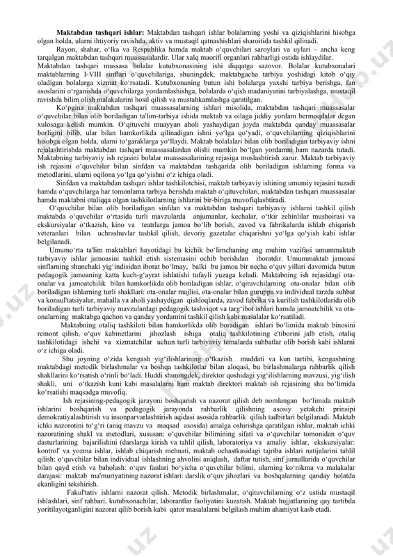 ni tahlil qilish; – tarbiyaviy ishlarning maqsad va vazifalarini aniqlash; – tarbiyaviy, ommaviy-siyosiy ishlarni rejalashtirish va ularning mazmuni, shakl va usullarini aniqlash; – sinfdan va maktabdan tashqari tarbiyaviy ishlarni guruhlashtirish, boshqaruvchi shaxslarni aniqlash. maktabda tarbiyaviy ishlarni aniq rejalashtirmasdan uning mazmuni, shakl va usullarini aniqlamasdan, ma'lum bir tizimga solmasdan turib ko‘zda tutilgan maqsadga erishish qiyin. sinfdan tashqari ishlarning tarbiyaviy ta'siri ko‘p darajada o‘quv jarayonini tashkil etish saviyasiga hamda o‘quvchilar jamoachining xilma-xil ishlarni qanday yo‘lga qo‘yishga bog‘liqdir. sinfdan tashqari faoliyat majburiy dastur bilan chegaralanmaydi, balki yoshlari har xil o‘quvchilarni ihtiyoriy ravishda birlashtiradi. ularning tashabbusi asosida ishlarni amalga oshiradi, fanga qiziqtiradi, ularni xalqning madaniy hayoti muhitiga olib kiradi. sinfdan tashqari ishlar shaxsdagi ijtimoiy faollik, ijtimoiy ong hamda axloqiy odatlarni tarkib toptirishning eng muhim omilidir. bu faoliyat ilmiy jamoa, adabiy va maktab teatrlarining ishlari, turli mavzularda o‘tkaziladigan kitobxonlar konferentsiyasi va munozaralar, siyosiy, axloqiy, ilmiy-ommabop va mehnat mavzularidagi mahruza va suhbatlar, ijtimoiy-foydali mehnat, siyosiy axborot, …