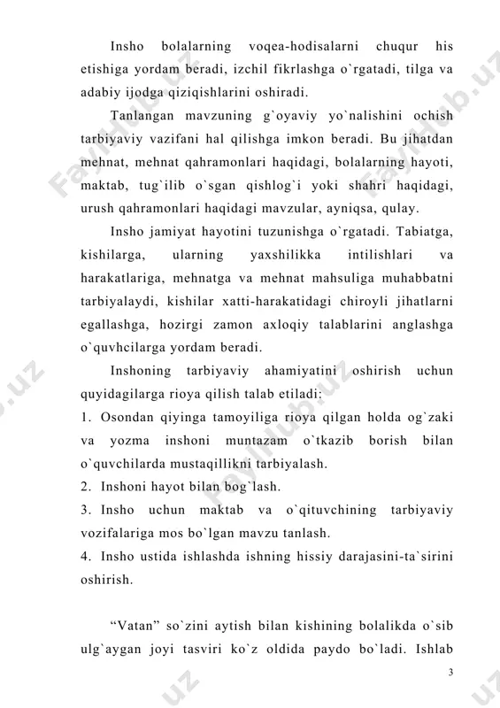 shlab chiqarishga ekskursiya materiali asosida mehnat haqidagi insho yangi tarbiyaviy imkoniyatlarini ochib beradi. unda bolalar ishlab chiqarishdagi muvaffaqiyat va qiyinchiliklar, ilg`or kishilar haqidagi, kasb va mutaxassislik haqidagi, texnika haqidagi ma`lumotlardan foydalanadilar. ishlab chiqarishga ekskursiya va mehnatni tasvirlash bilan bog`liq holda kasb haqidagi suhbatlashishga to`g`ri keladi va bu inshoda o`z aksini topadi. mehnat haqidagi yoki insho mavzulariga “bizning qishloq”, “bog`da”, “dalada”, “daraxt o`tqazish”, “polizda” kabilar kiradi. insho ijodiy ishning eng yuqori shakli bo`lib, maktabda alohida o`rin tutadi, barcha nutqqa oid mashqlar ma`lum mazmunda inshoga bo`ysunadi. insho 1-sinfda kichik axborot va ehtirosli hikoyadan boshlanib, o`z fikrini ifodalashga, o`quvchi shaxsini tashkil topishiga xizmat qiladigan, ta`lim-tarbiyaviy ahamiyatga ega bo`lgan jiddiy rejali aqliy ishga aylanadi. insho shaxsni shakllantirishda foydali vosita bo`lib, his-hayajon uyg`otadi, aqliy mustaqillikka, fikrlashga, ko`rgan kechirganlari va o`zlashtirganlarini baholashga, kuzatuvchanlikka, voqea-hodisalar o`rtasidagi sabab-natija bog`lanishni topishga, ularni qiyoslashga, xulosa chiqarishga o`rgatadi. insho fikrni tartibga soladi, o`quvchilarga o`ziga, o`z kuchi va imkoniyatiga ishonch tug`diradi. 3-sinfda …