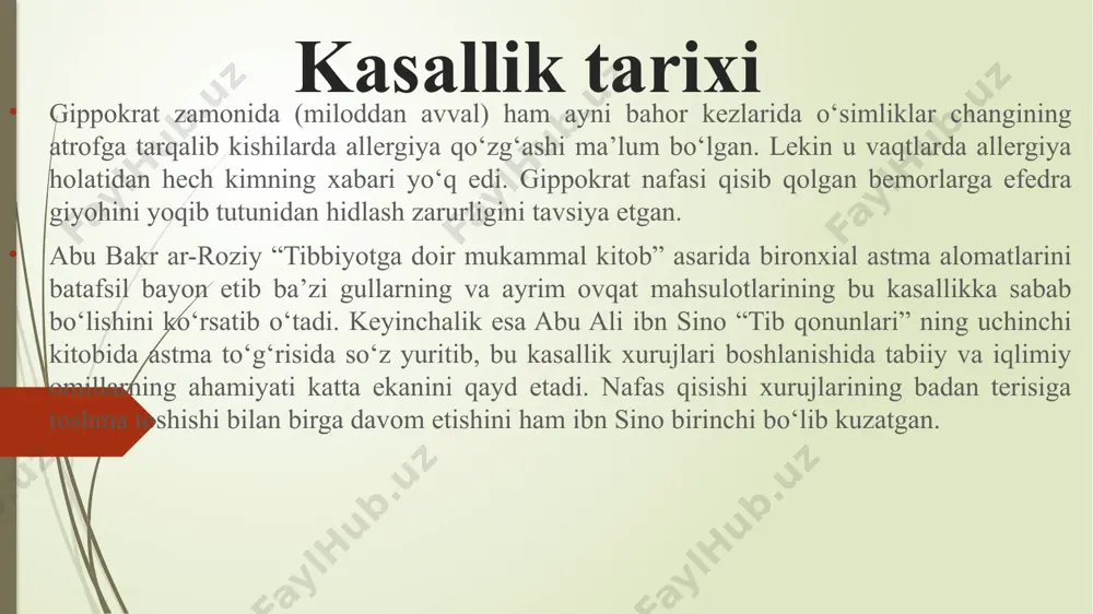 iri davri infektsion-allergik tabiatga ega bronxial astmatik bemorlarda yaqqolroq namoyon bo’ladi: burun-halqum a’zolari tomonidan vazomotor reaktsiyalar (burun oqishi, tinimsiz aksa urish). ikkinchi davr (u to’satdan boshlanishi mumkin) ko’krak qafasidagi torlik hissi bilan ifodalanadi, bu erkin nafas olish imkonini bermaydi. nafas olish keskin va qisqa bo’lib, nafas chiqarish uzoq va shovqinli bo’ladi. nafas olish baland ovozli xirillash, yopishqoq balg’amli yo’tal yuzaga kelib, bu nafas olish aritmiyasini keltirib chiqaradi. bronxial astmaning asoratlari nafas qisilishining davomiyligi va kasallikning og’irligiga qarab bronxial astma o’pka emfizemasi va ikkilamchi yurak-o’pka yetishmovchiligi kabi asoratlar qoldirishi mumkin. beta-adrenostimulyatorlarning peredozirovkasi yoki glyukokortikosteroidlar dozasining keskin kamaytirilishi, shuningdek massiv allergen bilan aloqa qilish astmatik status (status asthmaticus)ga olib kelishi mumkin, bunda nafas qisilishi xurujlari birin-ketin yuzaga keladi va ularni to’xtatish uchun deyarli imkonsiz. astmatik status o’limga olib kelishi mumkin. bronxial astmani tashxislash tashxis odatda shikoyat va alomatlarga tayangan holda o’pka mutaxassisi (pulmonolog) tomonidan qo’yiladi. barcha boshqa tadqiqot usullari kasallikning og’irligi va …