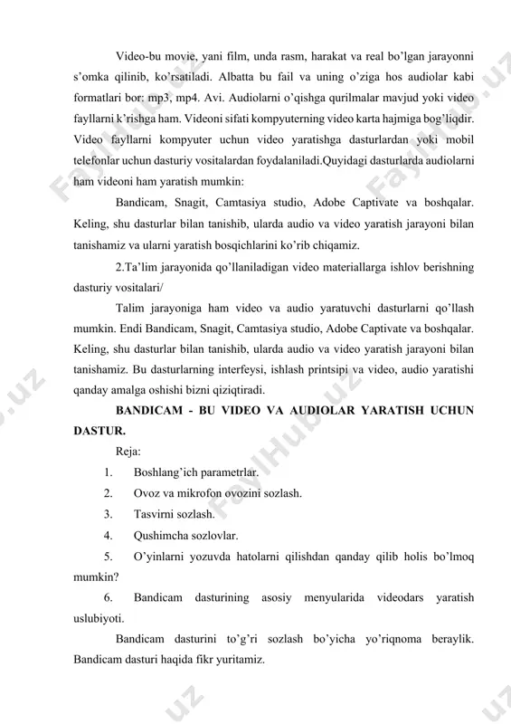 a mashhur dastur, ishchi stolidan uzun videoroliklarni tashkil qilish uchun mo’ljallangan bo’lib, hususan - video darslarni va kompyuter o’yinini yozish uchun qo’llanilishi mumkin. ta’limda esa bu dasturni video yoki audio dars tayyorlash uchun, rasm-screenshot ko’rinishidagi o’quv materiallarni yaratishda qo’llaniladi. dastur foydalanuvchi ekranini to’liq qamrab olish uchun mo’ljallangan. bandicam dasturining to’g’ri sozlovini tanlab olinadi. ishning boshida video, ovoz va tasvir sifati ustida ishlashni talab etiladi. sozlov juda oddiy va ko’p vaqt talab qilmaydi. tajribadan shu narsa ma’lum bo’ldiki, bu dasturni internetdan kompyuterga yuklash, unda ishlash talabalarga hech qanday qiyinchilik tug’dirmaydi. 1.1. boshlang’ich parametrlar dasturni ishga tushirishda sizning oldingizda oyna paydo bo’ladi, unda keyingi parametrlarni ko’rsatish kerak: · maqsad–yani siz yozmoqchi bo’lgan ekran qismi. agar siz ekranning butun qismiga yozmoqchi bo’lsangiz, unda «окно diirectx/opengl» qiymatdan foydalaning. agarda ishchi stolning bir qismiga yozishni planlashtirsangiz, unda «область экрана» - ekran sohasi bo’limini tanlang va uni qo’lda to’g’irlang. · специальная папка вывода – mahsus chiqarish …