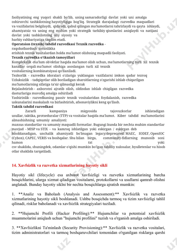 mumkin:  olish usuli bo'yicha (masalan, ochiq manbalardan yoki mutaxassislar o'rtasida ma'lumot almashish orqali);  ma'lumotlar turi bo'yicha (zararli fayllar, fidlar, ddos fidlar, c&c fidlari, art guruhlari faoliyati to'g'risidagi hisobotlar va boshqalar);  qaror qabul qilish darajasiga ta'siri bo'yicha (taktik, texnik va strategik). threat intelligence – kiberxavfsizlik chora tadbirlarini mustahkamlash va axborot xavfsizligi bo'yicha ma'lum bir jamiyatning axborot xavfsizligi haqidagi xabardorligini oshirish maqsadida joriy kiber tahdidlar haqida ma'lumot olish va to'plash uchun ma'lum ma'lumot manbalarini o'rganish va tahlil qilish jarayoni. manbalar bo'lishi mumkin: ochiq ma'lumot manbalari . google, yandex, bing va shodan, censys, nmap kabi boshqa maxsus vositalar yordamida topish mumkin bo'lgan hamma narsa. bu manbalarni tahlil qilish jarayoni open source intelligence (osint) deb nomlanadi. ommaviy axborot vositalari. ommaviy axborot vositalarida va social media intelligence (socmint) ijtimoiy platformalarida topiladigan hamma narsa. ma'lumot olishning bu turi, aslida, osint ning ajralmas qismi hisoblanadi. yopiq maydonlar va forumlar , bu yerda bo'lajak kiber …