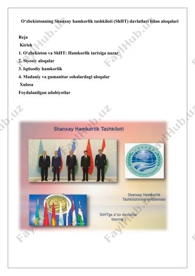 o‘zbekistonning shanxay hamkorlik tashkiloti (shht) davlatlari bilan aloqalari — DOCX