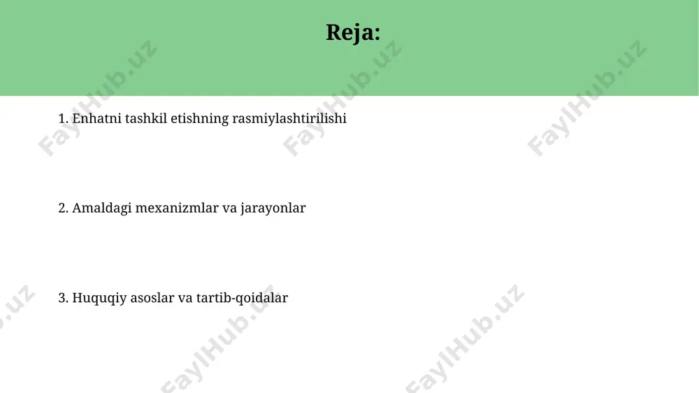 huquqiy asoslar” 5 ta asosiy qonun va 12 ta qarorlardan iborat boʻlib, ular enhatning faoliyatini tartibga soluvchi huquqiy mexanizmlarni belgilaydi. enhatning tashkil etilishiga oid huquqiy asoslarni aniqlashda 2017 va 2022-yillardagi prezident farmonlari muhim rol oʻynaydi. tashkiliy tuzuv tashkilotning tashkiliy tuzuvi, uning faoliyat yo‘nalishiga qarab, 10 dan 30 ga yaqin xodimlar sonini va ularning lavozimlarini o‘z ichiga olishi mumkin. tashkiliy tuzuv, mehnat kodeksi va boshqa tegishli qonun hujjatlariga muvofiq ravishda, kamida 3 nusxada rasmiylashtirilib, tegishli organlarga taqdim etiladi. e'tiboringiz uchun rahmat @taqdimot_robot image1.jpg image2.jpg image3.jpg image4.jpg image5.jpg image6.jpg image7.jpg