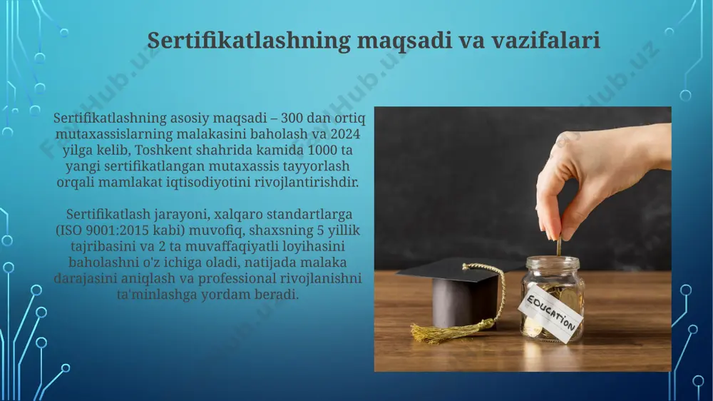 bo'lmagan natija talab qilinadi, toshkent shahrida o'tkaziladi) va natijalarni e'lon qilish. sertifikatlash uchun hujjatlar sertifikat olish uchun ariza berishda, 3 yildan ortiq ish tajribangizni tasdiqlovchi hujjatlar, shu jumladan toshkent shahridagi kompaniyangizdan olingan ma’lumotnoma va 2 ta tavsiya xati taqdim etilishi shart. samarqand viloyatidan bo'lgan nomzodlar, qo'shimcha ravishda, o'z yashash joyidan ma’lumotnoma va o'qishni tugatganligi to'g'risida 2020-yildan keyin olingan diplom nusxasini taqdim etishlari talab etiladi. sertifikatlashning kamchiliklari sertifikatlashning natijalari subyektiv baholashga bog'liq bo'lishi mumkin, masalan, ba'zi ekspertlarning baholari boshqalarga nisbatan ancha farq qilishi mumkin, bu esa natijalarning ishonchliligini pasaytiradi. misol uchun, 5 ta turli ekspertning baholari 10 ball shkalasida 2 ball farq qilishi mumkin. ba'zi sertifikatlarning amal qilish muddati cheklangan, masalan, 3 yildan keyin yangilanish talab qilinishi mumkin. bu esa vaqt va resurslarning qo'shimcha sarfini talab qiladi, ayniqsa, toshkentdagi mutaxassislar uchun. sertifikatlashning muammolar va echimlari sertifikatlash jarayonida, ayniqsa, rivojlanayotgan mamlakatlarda, masalan, o'zbekistonda, 30% ga yaqin soxtalashtirish hollari kuzatiladi, bu esa ishonchlilikni …