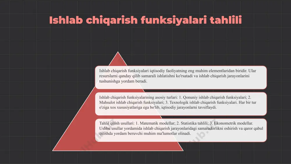 rishlarning ta'sirini aniqladik. ishlab chiqarishni optimallashtirish uchun texnologik innovatsiyalarni qo'llash, ishchi kuchini malakasini oshirish va jarayonlarni avtomatlashtirish tavsiya qilinadi. tadqiqotlar iqtisodiy va ekologik omillarni hisobga olishi kerak. kelajakda tadqiqotlar uchun yo'nalishlar sifatida raqamli transformatsiya va barqaror rivojlanishni o'rganish muhim. yangi energiya manbalarini qo'llash va ekologik jihatlarni o'rganish ham dolzarbdir. xulosa ishlab chiqarish funksiyalari iqtisodiy o'zgarishlarga ta'sir ko'rsatadi va jarayon samaradorligini belgilaydi. ekonometrik modellar ishlab chiqarish jarayonlarini tahlil qilishda muhim ahamiyatga ega. statistik ma'lumotlar yordamida to'g'ri qarorlar qabul qilinadi. o'zgarishlarni bashorat qilish va boshqarish usullari ishlab chiqarishni optimallashtirishga yordam beradi. natijalarga asoslangan tavsiyalar jarayonlarni yaxshilaydi. 01 02 03 foydalanilgan adabiyotlar 1. abdullayev, a. m. iqtisodiy o'zgarishlar va ishlab chiqarish funksiyalari. toshkent: iqtisodiyot va tadqiqotlar instituti, 2021. 2. khamidov, b. a. ekonometrik modellar va ishlab chiqarish jarayonlari. toshkent: fan va texnologiya nashriyoti, 2020. 3. toshpo'latov, m. j. ishlab chiqarish ko'rsatkichlari tahlili va iqtisodiy o'zgarishlar. samarqand: samarqand davlat universiteti nashriyoti, 2022. 4. jalilova, …
