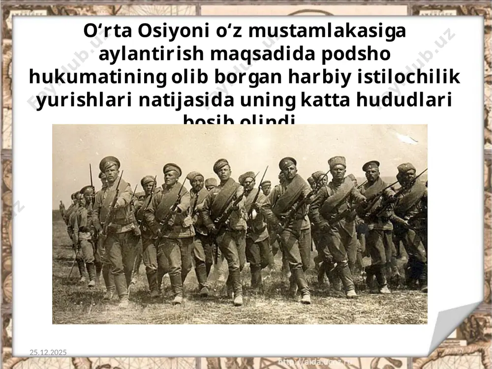 a yettisuv (markazi - verniy) viloyatlariga bo‘lingan. 19.08.2020 12 turkiston general-gubernatori 1867-yilgi «nizom» loyihasida ko‘rsatilgan huquqlardan tashqari o‘lkani boshqarish uchun mahalliy sharoitdan kelib chiqqan holda mustaqil faoliyat olib borishda katta huquqlarga ega bo‘lgan. 19.08.2020 13 turkiston o‘lkasida rossiya imperiyasining boshqa guberna boshliqlaridan farqli ravishda siyosiy, iqtisodiy, harbiy va geosiyosiy maqsadlarini amalga oshirishda k. p. kaufmanga katta vakolatlar berilgan. shuning uchun u xalq orasida «yarim podsho» nomini olgan. 19.08.2020 14 image2.jpeg image3.jpeg image4.jpeg image5.jpeg image6.jpeg image7.jpeg image8.jpeg image9.jpeg image10.jpeg image11.jpeg image12.jpg image13.jpg image14.jpeg image15.jpg image16.jpeg image17.jpg image18.jpeg image1.jpeg