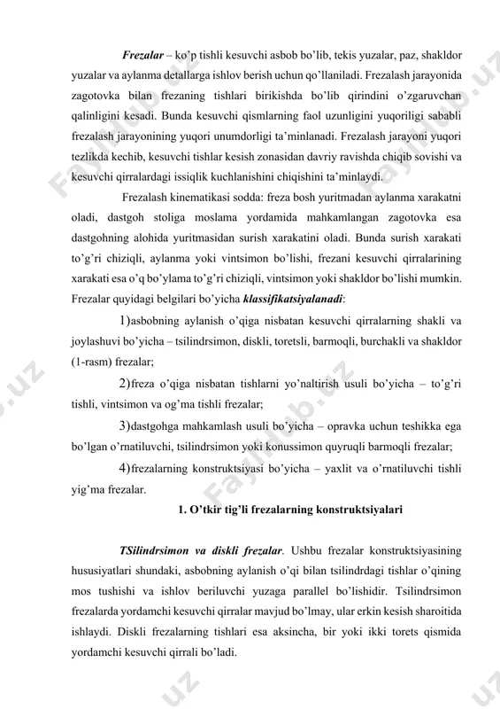 kesish sharoitida ishlaydi. diskli frezalarning tishlari esa aksincha, bir yoki ikki torets qismida yordamchi kesuvchi qirrali bo’ladi. 1-rasm. frezaning turlari: a – tsilindrsimon; b – diskli; v – toretsli; g – barmoqli (kontsevie); d – burchakli; ye – shakldor kesish kuchining tebranishi va titrashni pasaytirish maqsadida tsilindrsimon frezalarning tishlarini ko’pchilk hollarda vintsimon qilib tayyorlanadi. vintsimon tishli frezalarni kesish zonasidan qirindini chiqarib tashlash sharoiti to’g’ri tishli frezalarga nisbatan ancha yaxshi. kesish nazariyasidan ma’lumki, agar quyidagi shart bajarilsa vintsimon tishlar tekis frezalashni ta’minlaydi b/ px = c, (1) bu erda: v – frezalash kengligi; rx – tishlarning orasidagi o’q bo’ylama qadami; px =πd / z*tgω; s – yaxlit son; d – frezaning diametri; z –freza tishlarining soni; ω – tishlarning freza bo’yicha og’ish burchagi. 1-tenglamadan ko’rinib turibdiki, frezani ravon ishlashi, titrash va ishlov berilgan yuzalarning g’adir – budirligini kamaytirish uchun shunday kostruktsiyani tanlash kerak – ki, bunda tishlar soni hisobiy qiymatga teng …