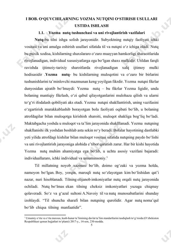 sullari tafakkur mevalari til, nutq orqali ro‘yobga chiqadi. til tafakkur mahsulining hayotga tatbiq etilishi vositasi bo‘luvchi qudratli quroldir. nutq vazifasi uning ontogenezdagi haqiqiy rivojlanish jarayoni bosqichini aks ettiradi, ularning har biri o‘ziga xos xususiyatlarga egadir: 1-vazifasi- individuallararo- kishilar o‘rtasidagi muloqot vositasidir. ushbu holatda nutq og‘zaki nutq-monolog, dialog, bir nechta odamlar suhbatisifatida chiqadi. 2-vazifasi-ichki individual-bu yerda nutq ko‘plab nutqiy jarayonlarni(fikrlash, diqqat-e’tibor, xotira,tasavvur va boshqalar) aniq-tiniq anglash darajasiga ko‘targani hamda shaxsga ruhiy jarayonlarni tartibga solish va nazorat qilish imkonini bergani holda ularni amalga oshirish vositasi bo‘lib xizmat qiladi. 3-vazifasi- umuminsoniy- bu o‘rinda nutq alohida bir odamga umuminsoniy ijtimoiy-tarixiy tajriba xazinasidan axborot olish imkonini beradi. ushbu holatda u grafik ramzlari va belgilardan moddiylashtirilgan yozma nutqdir.[footnoteref:2] [2: qodirova f.r, qodirova r.m. “bolalar nutqini rivojlantirish nazariyasi va metodikasi. toshkent. “istiqlol” 2006.] ta’lim muassasalarida o‘qitish ikki shaklda amalga oshiriladi: a)erkin nutqiy muloqotda; b) maxsus mashg‘ulotlarda.dialog ko‘proq erkin nutqiy muloqotda paydo bo‘ladi va u bolalar lug‘atini boyitishning …