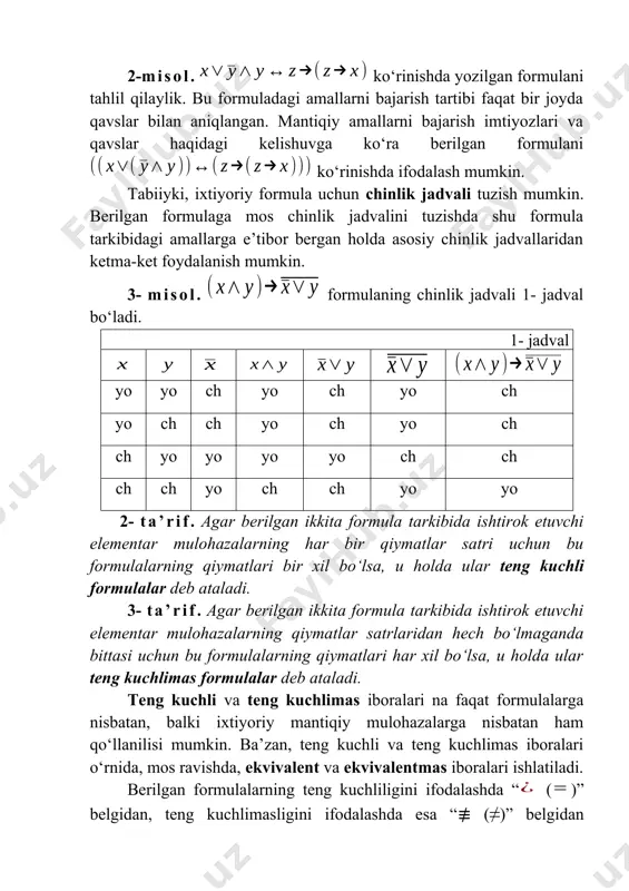 lgan formulalarning teng kuchli yoki teng kuchlimas bo‘lishini aniqlashda, odatda, ular uchun tuzilgan chinlik jadvallaridan foydalaniladi. 4-misol. va formulalar teng kuchli formulalardir. haqiqatdan ham, berilgan formulalarda faqat bitta elementar mulohaza ishtirok etgani uchun ikkita qiymatlar satriga ega chinlik jadvalini tuzamiz (2- jadvalga qarang). 2- ta’rifga asosan . 2- jadval yo yo ch ch 3- jadval yo yo ch ch ch yo ch ch ch ch ch yo yo yo yo ch ch yo ch ch 5-misol. berilgan va formulalarni mos ravishda va bilan belgilaymiz: , . 3- chinlik jadvalidan ko‘rinib turibdiki, va formulalar tarkibidagi va elementar mulohazalarning to‘rtala qiymatlar satrlari uchun bu formulalarning mos qiymatlari bir xil. demak, 2- ta’rifga asosan , ya’ni . 6- misol. va formulalar berilgan bo‘lsin. 4- chinlik jadvalini tuzamiz. va formulalar tarkibida ishtirok etuvchi va elementar mulohazalarning to‘rtala qiymatlar satrlari uchun bu formulalarning mos qiymatlari bir xil. demak, berilgan va formulalar ekvivalent formulalardir, ya’ni . …