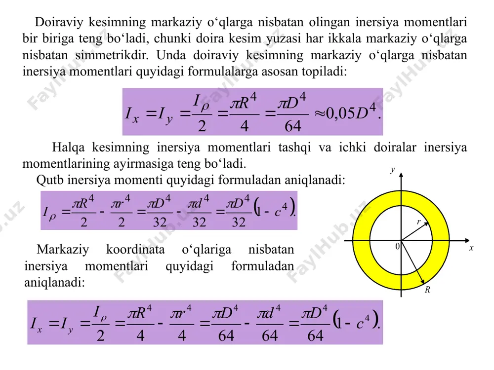 ng buralish burchagidir. umuman, istalgan kesimning og‘ish burchagi shu kesim bilan mahkamlangan kesim orasidagi elementning buralish burchagiga tengdir. shunday qilib, sterjen uchidagi kesimning og‘ish burchagi tekshirilayotgan sterjenning buralish burchagiga tengdir. demak, buralish deformatsiyasi, sterjenning yonma-yon turgan kesimlarining bir-biriga nisbatan siljishidan iborat ekan, bu sterjen kesim yuzalarida urinma kuchlanishlar hosil qiladi. endi buralgan brusdan i va ii kesimlar bilan ajratilgan elementni tekshiramiz bu sterjenning uzunlik birligiga to‘g‘ri keladigan siljish burchagidir. yuqoridagi xulosalarning a) bandiga binoan, bu elementning ichidan ajratilgan radiusli elementning nisbiy siljishi quyidagicha bo‘ladi: 5.buralishdagi kuchlanishlar. buralishdagi sterjenning ko‘ndalang kesimlaridagi urinma kuchlanishlarni siljishdagi guk qonunidan foydalanib aniqlaymiz. kesim markazidan ρ masofadagi nuqtaning urinma kuchlanishi, quyidagicha topiladi: bu formulaga binoan urinma kuchlanish ρ ga to‘g‘ri proporsional bo‘lar ekan. demak, valning ko‘ndalang kesimi bo‘yicha urinma kuchlanish to‘g‘ri chiziq qonuni bilan o‘zgarar ekan kesimdan ajratilgan elementar yuzacha (da) ga to‘g‘ri keladigan zo‘riqish kuchi quyidagicha bo‘ladi: bu elementar zo‘riqish kuchlarining yo‘nalishlari kesim radiusiga tik …