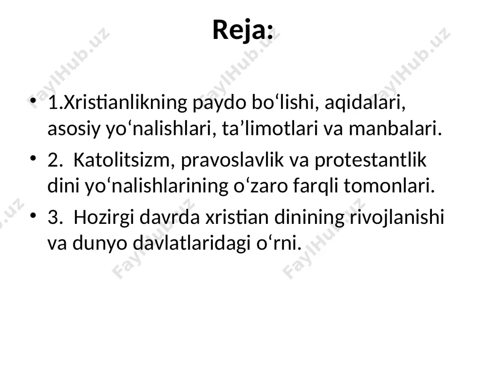 a ularni ruhlantirib turar edi. yozilgan xatlarning ko’pi hozirgi kunda xristian muqaddas kitobiga kiritilgan va u “yangi ahd” deb nomlanadi. milodiy ikkinchi va uchinchi asrlarda xristianlar cherkovdan tashqaridagi ta’qibchilar bilan va cherkov ichidagi tortushuvlar bilan ancha kurashishdi. xristian rahbarlari ya’ni “cherkov otalari” xristianlarga qarshi taqiblar va mojarolarga, cherkov ichida bo’layotgan noto’g’ri targ’ibotlardan dinni himoya qila boshladilar. yangi ahd tamoyillari tuzildi va xristian ta’limotiga qarshi no’to’gri talqinga qarshi himoyalash uchun “xavoriylar huquqi” tashkil etildi. xristianlik tarixida eng muhim davr dastlabki milodiy 4-asrda,rim imperatori konstantin xristianlik dinini qabul qilgandan so’ng keldi. xristian dini qonuniy bo’ldi , ta’qiblar to’xtatildi, minglab majusiylar imperator e’tiqodiga o’tishni maqul ko’rdilar. rim imperiyasi ittifoqi bilan xristianlik o’rta asrlar va renessans davrida butun g’arb olamini qamrab olguncha jadal o’sa boshladi. imperator konstantin xristian dinining imperiya kuchini birlashtirishiga umid qildi. biroq, hali ham isoning siymosi haqida tortushuvlar bor edi. u xudomi yoki insonmi degan. milodiy 325-yilda,konstantin nikeya kengashini chaqirdi va …