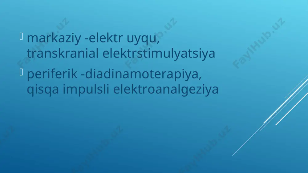 tadi. zarur bo'lganda, 2-3 oy dan so’ng elektroterapiya takroriy kursi buyuriladi. elektroimpulsterapiya (neyroelektrostimulyatsiya) normal funktsiyalarini yo'qotgan organ va to'qimalarning faoliyatini tiklash uchun impulsli toklardan foydalanish usulidir. impuls toklari, asosan, harakatlantiruvchi nerv o'tkazgichlarini (aa va au tolalar) qo'zg'atadi, bu ular tomonidan innervatsiya qilingan mushaklarni passiv qisqarishiga va ularning zaiflashgan qisqaruvchanlik funktsiyasini kuchayishiga olib keladi. davo samaralari. neyrostimulyator trofostimulyator vazodilatator katabolik plastik ko'rsatmalar periferik harakatlantiruvchi nervlarning zararlanishidan kelib chiqadigan birlamchi mushak atrofiyalari og'riq sindromi va yaqqol trofik buzilishlar bilan kechuvchi periferik falajlar suyak sinishdan so'ng uzoq muddatli immobilizatsiya jismoniy gipodinamiya bo'g'imlarning kasalliklari va shikastlanishlaridan kelib chiquvchi ikkilamchi mushaklar atrofiyasi charchoq enurez ichki organlarning silliq mushaklarning atoniyasi qarshi ko’rsatma o'tkir yiringli yallig'lanish jarayonlari spastik paralich va parezlar mushaklar patologik hamkorlikda qisqarishi kontrakturalarning dastlabki belgilari bo'g'imlarning ankilozi varikoz va posttrombotik kasalliklar gemorragik insult. parametrlar. zararlangan organlar va mushaklarga turli xil vaqt, chastotalar va amplitudali impulslar bilan ta'sir ko'rsatiladi: yuz va qo'l mushaklari uchun tok …
