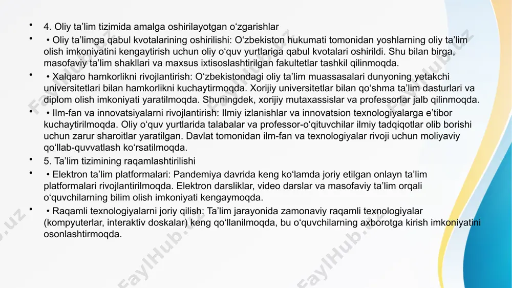 xavfsizligi kafolatlanadi. 3. sog‘liqni saqlash tizimini raqamlashtirish • elektron tibbiyot kartalari: sog‘liqni saqlash tizimida elektron tibbiyot kartalarini joriy qilish orqali bemorlar to‘g‘risidagi barcha ma’lumotlar raqamli formatda saqlanmoqda. bu bemorlarning tibbiy tarixi, davolash jarayonlari va dori-darmonlar bilan ta’minlanishini aniqroq nazorat qilish imkonini beradi. • telemeditsina: qishloq joylarda yoki uzoq hududlarda yashovchi bemorlar uchun telemeditsina tizimi kengaytirilmoqda. ushbu tizim orqali aholiga masofaviy tibbiy maslahat berish va diagnostika xizmatlari ko‘rsatilmoqda, bu esa aholining keng qamrovida sifatli tibbiy xizmat olish imkoniyatini oshirmoqda. 4. aholini dori-darmon va tibbiy texnologiyalar bilan ta’minlash • dori-darmon ta’minotini yaxshilash: davlat tomonidan arzon va sifatli dori-darmonlar bilan ta’minlash tizimi takomillashtirilmoqda. maxsus dasturlar asosida ijtimoiy himoyaga muhtoj qatlamlarga dori-darmonlar bepul yoki imtiyozli shartlarda taqdim etilmoqda. • tibbiy jihozlar va texnologiyalarni yangilash: mamlakat bo‘ylab sog‘liqni saqlash muassasalari zamonaviy tibbiy jihozlar bilan jihozlanmoqda. bu diagnostika, jarrohlik va davolash jarayonlarini samarali amalga oshirishga yordam beradi. 5. onalik va bolalikni himoya qilish • ayollar va …