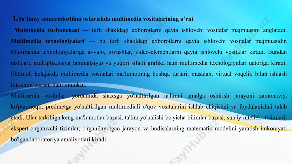 sitalarining ta'limda qo'llanilishining istiqbollari multimedia texnologiyalari o'quv jarayonini boyitadi, o'rganishni yanada samarali qiladi, idrok etish jarayoniga jalb qiladi ta'lim ma'lumotlari o'quvchining hissiy komponentlarining aksariyatini rivojlantiradi bugungi kunda multimedia texnologiyalari o'quv jarayonini axborotlashtirishning istiqbolli yo'nalishlaridan biri hisoblanadi. dasturiy ta'minotni takomillashtirishda va uslubiy yordam, moddiy-texnik bazasi, shuningdek, majburiy malaka oshirishda pedagogik xodimlar ta'limda zamonaviy axborot texnologiyalarini muvaffaqiyatli qo'llash istiqbollari mavjud. multimedia va gipermedia texnologiyalari kuchli taqsimlangan ta'lim resurslarini birlashtiradi, ular birinchi navbatda axborot va kommunikatsiyani o'z ichiga olgan asosiy vakolatlarni shakllantirish va namoyon qilish uchun muhitni ta'minlashi mumkin. multimedia va telekommunikatsiya texnologiyalari tizimda prinsipial jihatdan yangi uslubiy yondashuvlarni ochadi umumiy ta'lim. 1.multimedia taqdimotlaridan foydalangan holda darslar kompyuter sinflarida multimedia proyektorlari, rezident ma'lumotnomalar, avtomatlashtirilgan o'quv tizimlari, turli xil dasturlarning video yozuvlari va boshqalardan foydalangan holda o'tkaziladi; 2.amaliy mashg'ulotlarda har bir talabaga alohida kompyuter ajratilishi kerak , bunda uning sinf kodi va talabaning familiyasi ko'rsatilgan shaxsiy papkasini yaratish maqsadga muvofiqdir; individual yondashuvni, shu jumladan …
