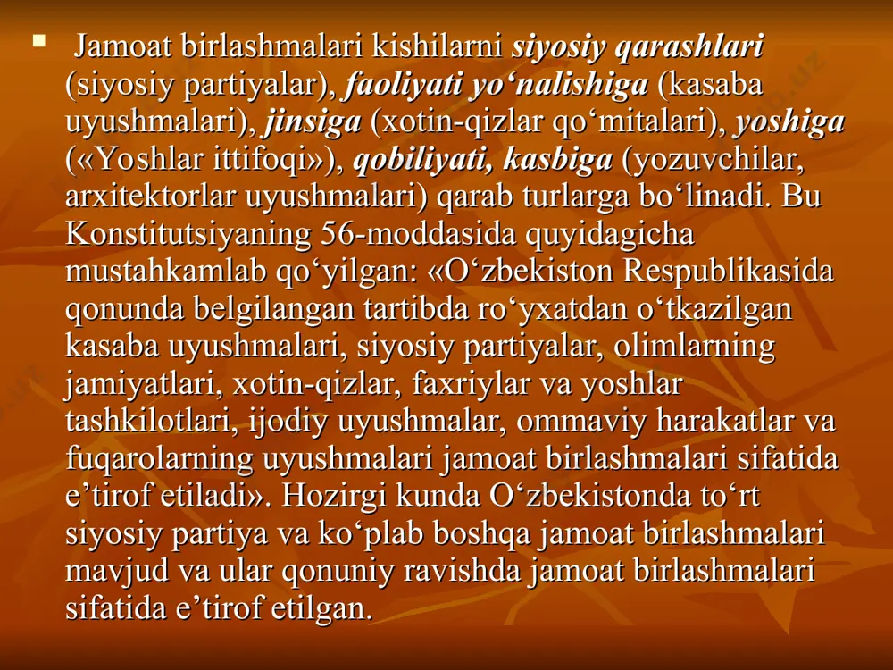 hlar - kelajak bunyodkori" shiori ostida professional faoliyatni amalga oshiruvchi tuzilmaga aylanmoqda. mamlakatimizda yoshlarga oid davlat siyosatini samarali amalga oshirish uchun zarur tashkiliy chora-tadbirlar bajarildi. o'zbekiston respublikasi prezidenti devonining yoshlar siyosati masalalari xizmati tashkil etildi. ushbu xizmatga o'zbekiston respublikasi prezidentining yoshlar siyosati masalalari bo'yicha davlat maslahatchisi - o'zbekiston yoshlar ittifoqi markaziy kengashi raisi rahbarlik qiladigan bo'ldi. u o'zbekiston respublikasi prezidenti tomonidan tayinlanadigan o'zbekiston respublikasi oliy majlisi senatining a'zosi maqomiga ega bo'ldi. yoshlarning ilmiy va ijodiy faoliyati natijalarini, ilm-fan va adabiyotga bo'lgan qiziqishlarini hamda yoshlar siyosatiga oid muhim yangiliklarni keng yoritishda qator ishlar amalga oshirildi. mamlakatimizning barcha tuman va shaharlarida bo'shagan kollejlar binolari o'zbekiston yoshlar ittifoqining tegishli kengashlari ixtiyoriga beg'araz o'tkazildi. ushbu binolar barcha qulayliklarga, jumladan, kutubxona va kitob do'koniga ega bo'lgan. yoshlar markazlari va zamonaviy yoshlar kinoteatrlarini, shuningdek, yoshlarni, ayniqsa, ularning uyushmagan qismini 6 oygacha bo'lgan muddatda kasb-hunarga to'lovsiz o'qitish markazlari tashkil etildi. ta'lim muassasalari boshlang'ich tashkilotlari bo'g'inida o'zbekiston yoshlar …